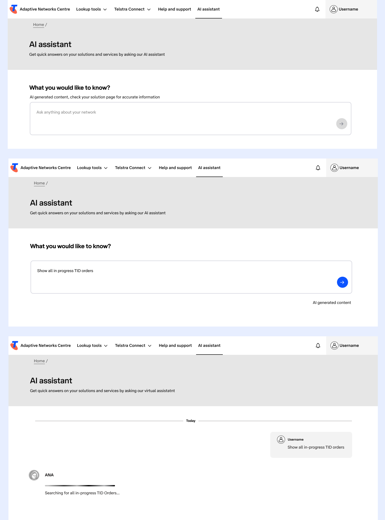 Examples of UX Wires for the AI Assistant page showing various journey interactions.