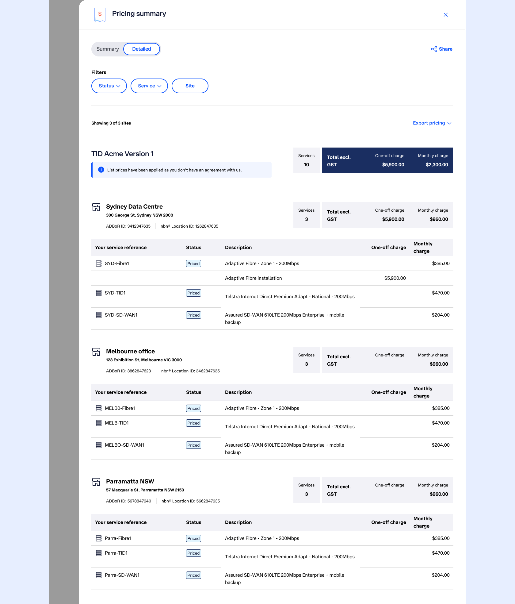An image showing the originally designed Pricing Summary page.