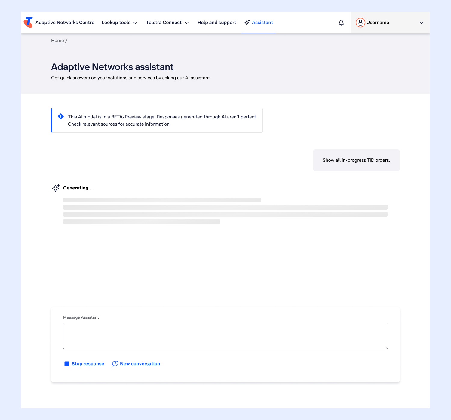 An example of final UI for when the AI Assistant is generating a response.