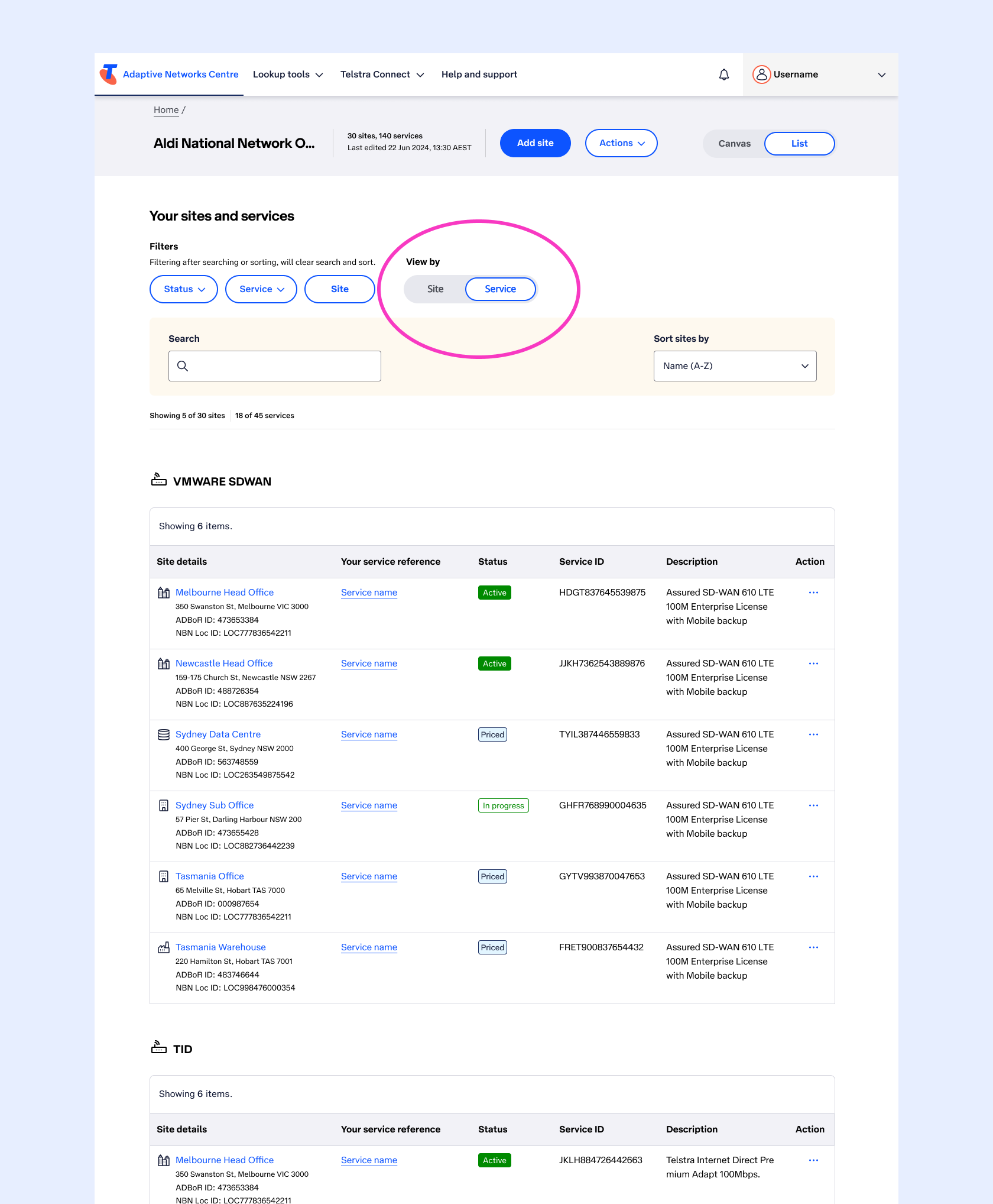 An image showing the newly designed List View with a View By "Site and Service" switch.