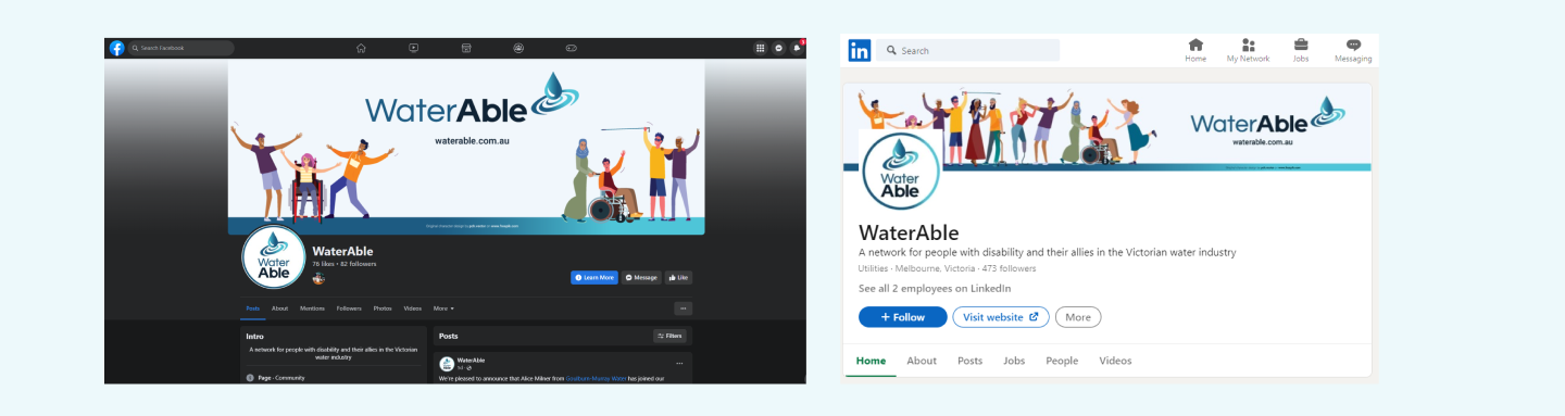 Updated WaterAble Facebook and LinkedIn profiles, showing new profile banners and images.