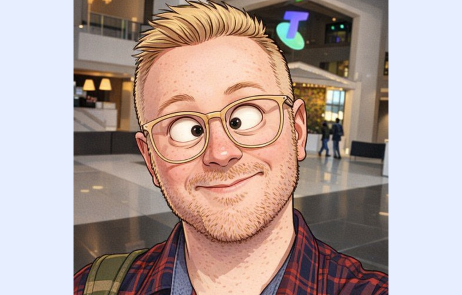 An image of a characture of me, Jai, and I'm going crossed eyed in the Telstra foyer.