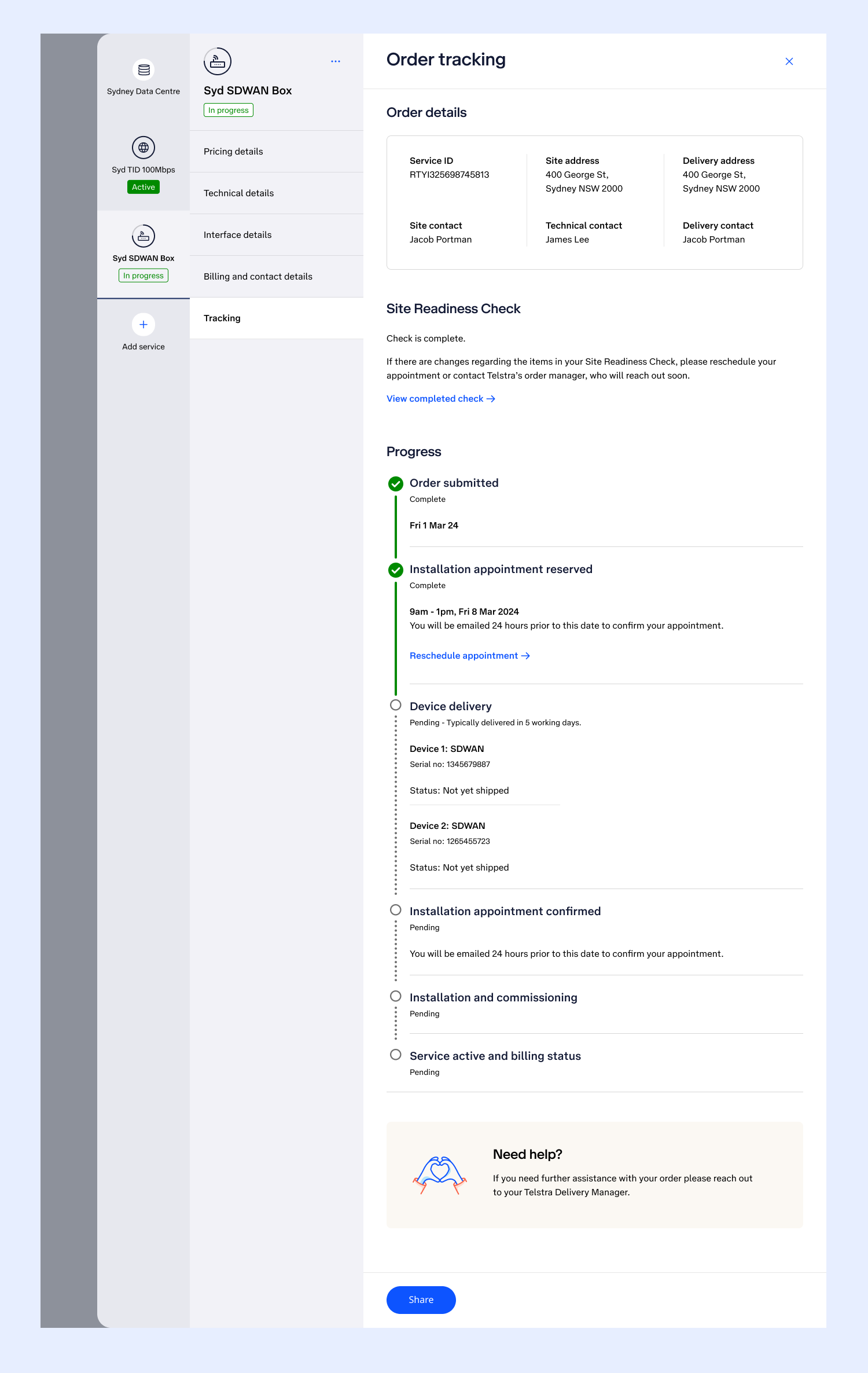 An image of the Order Tracker page that I designed, including the new tracker timeline components.