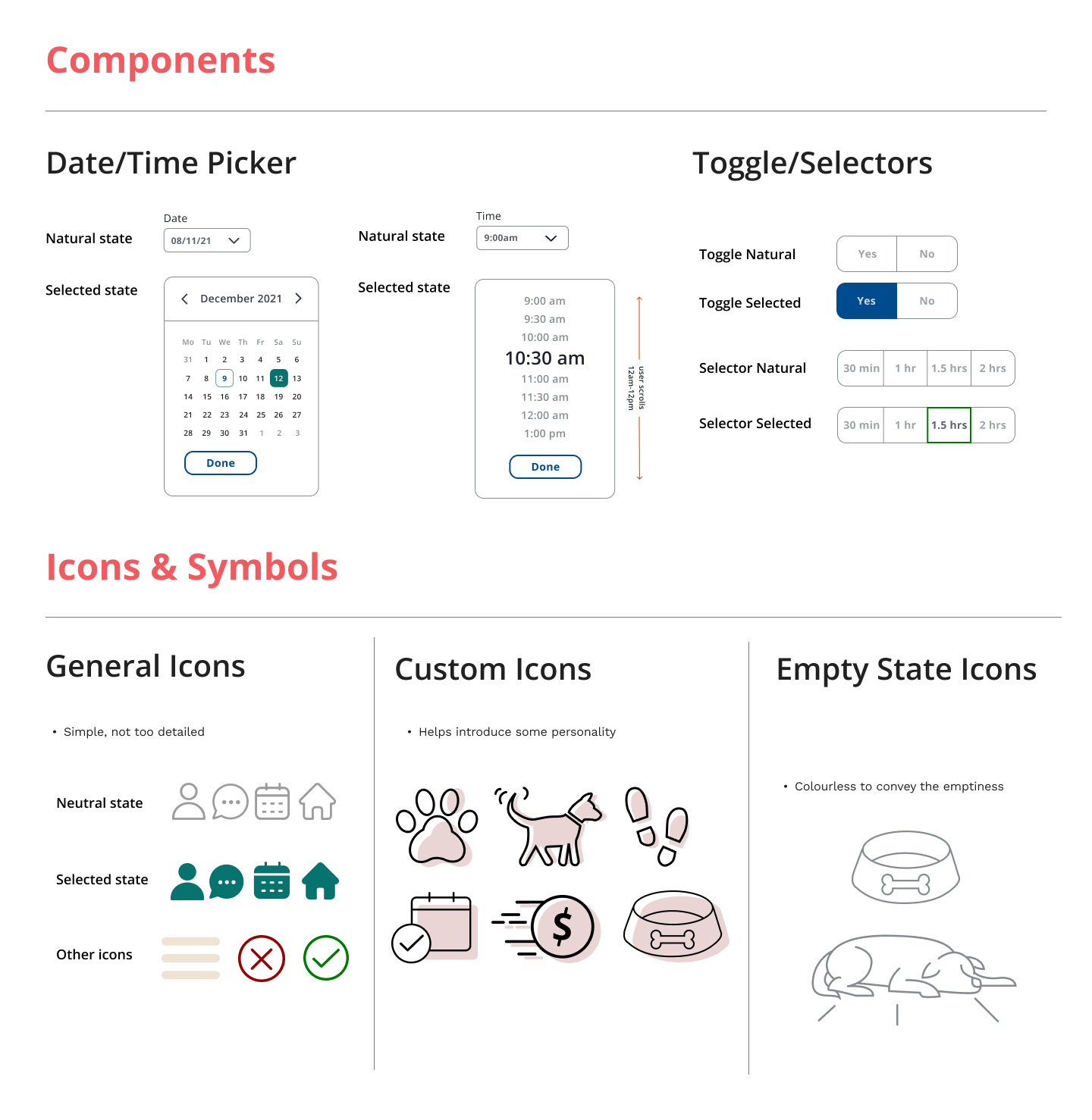 Examples of the component library created for the app.