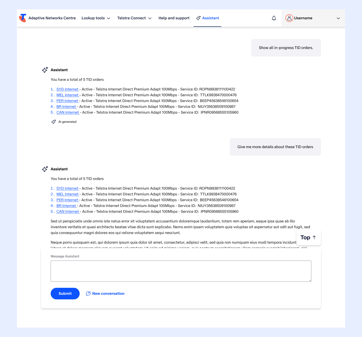 An example of final UI showing a longer conversation with the AI Assistant.
