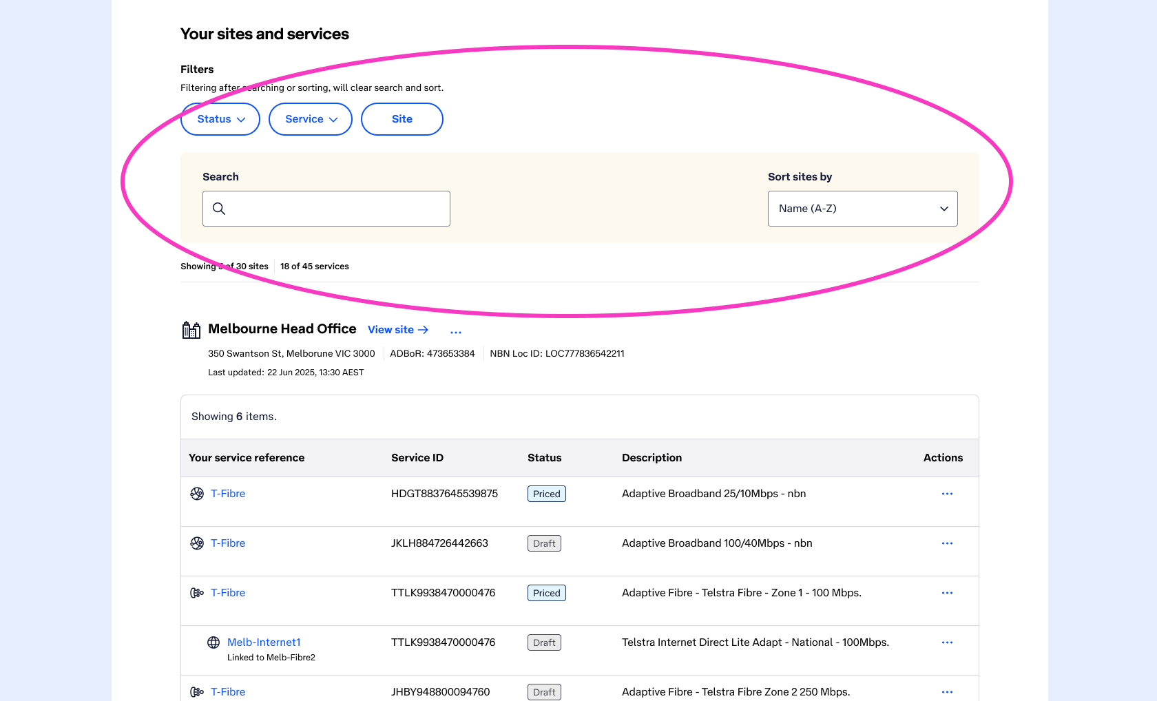 An image of the List view filters/search/sort section.