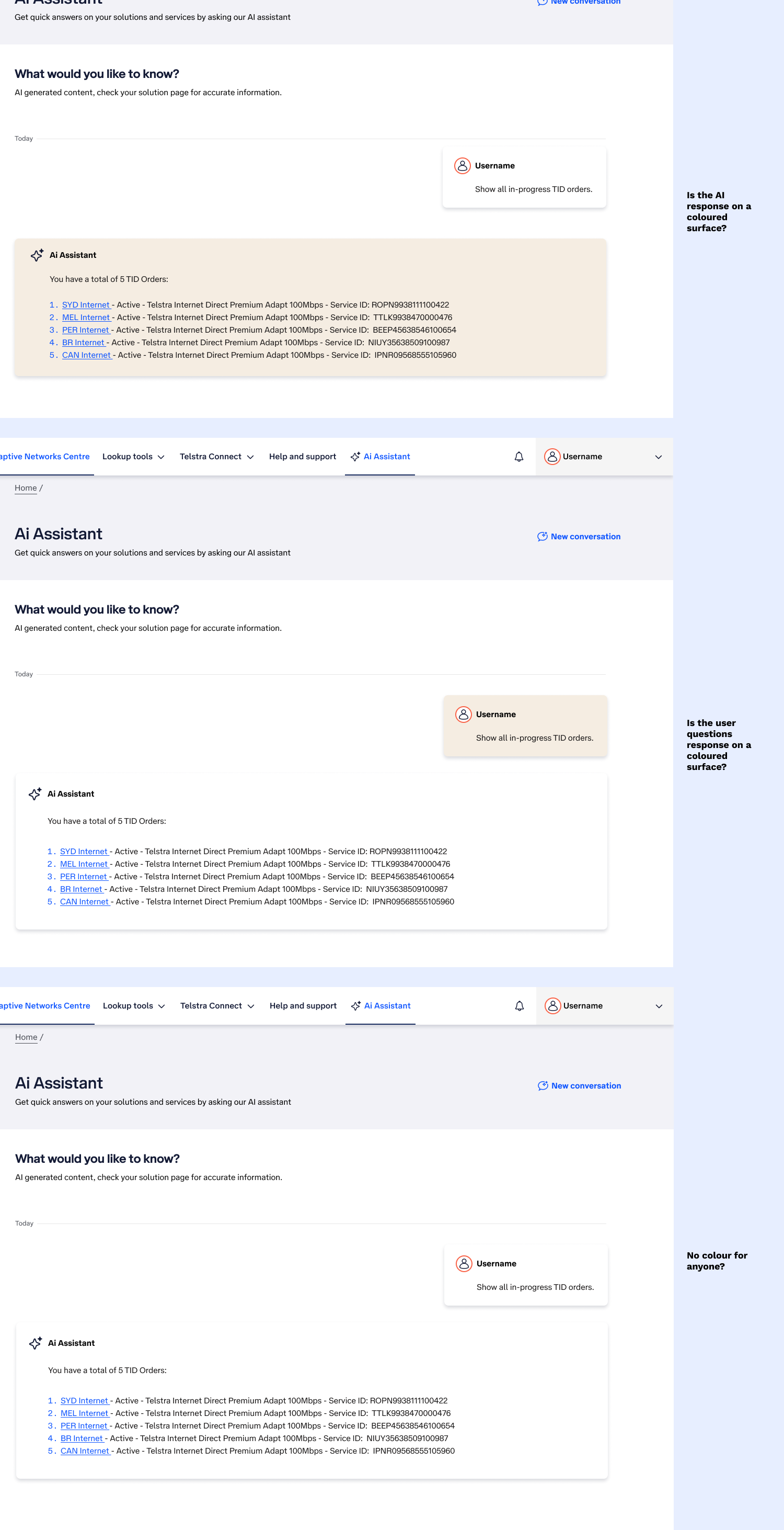 Examples of my UI exploration showing variations of colour styling..