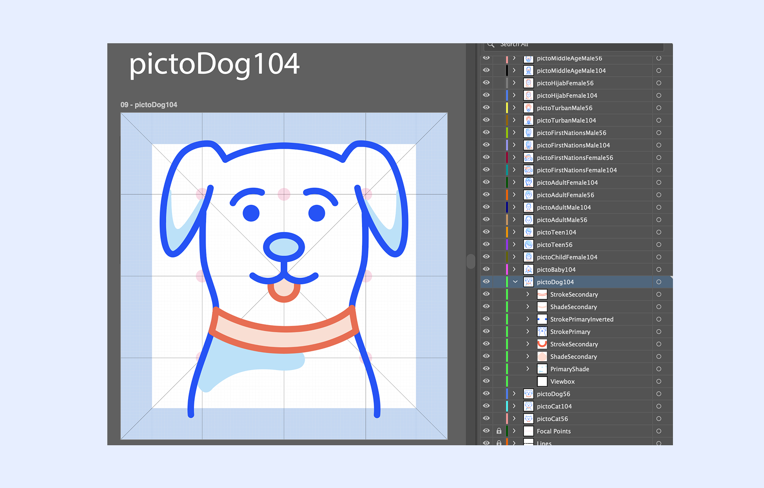 A screenshot from Adobe Illustrator showing the various layers needed to create the final picto image.