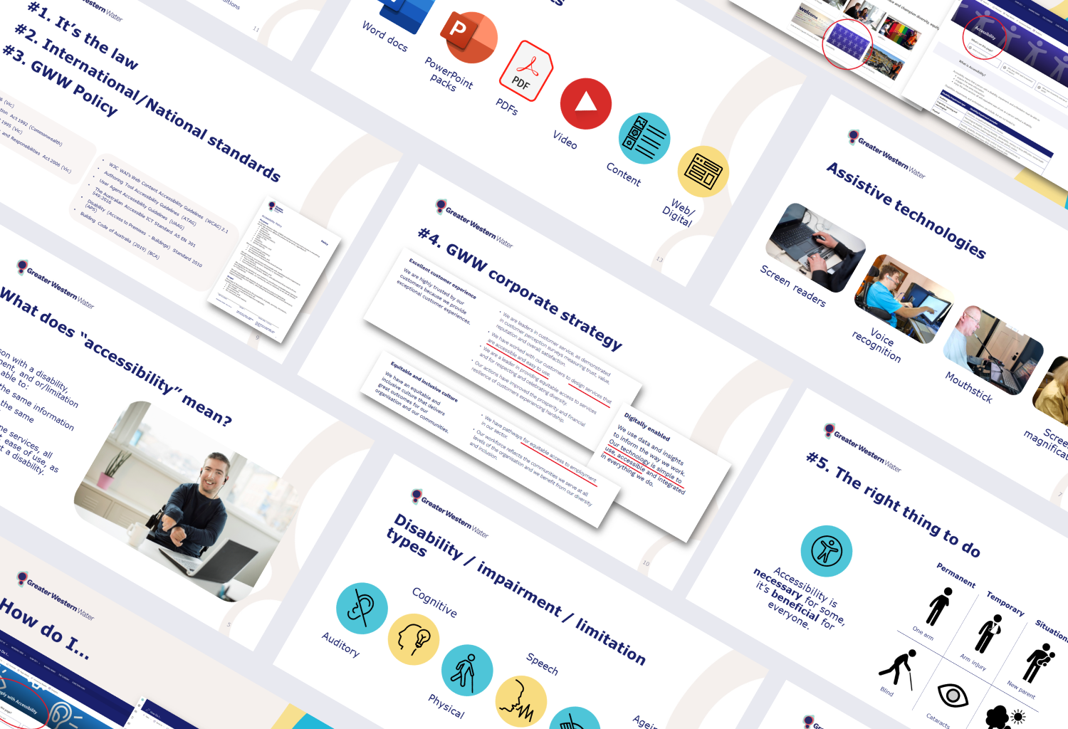 Various slides from a PowerPoint presentation I created about accessibility.