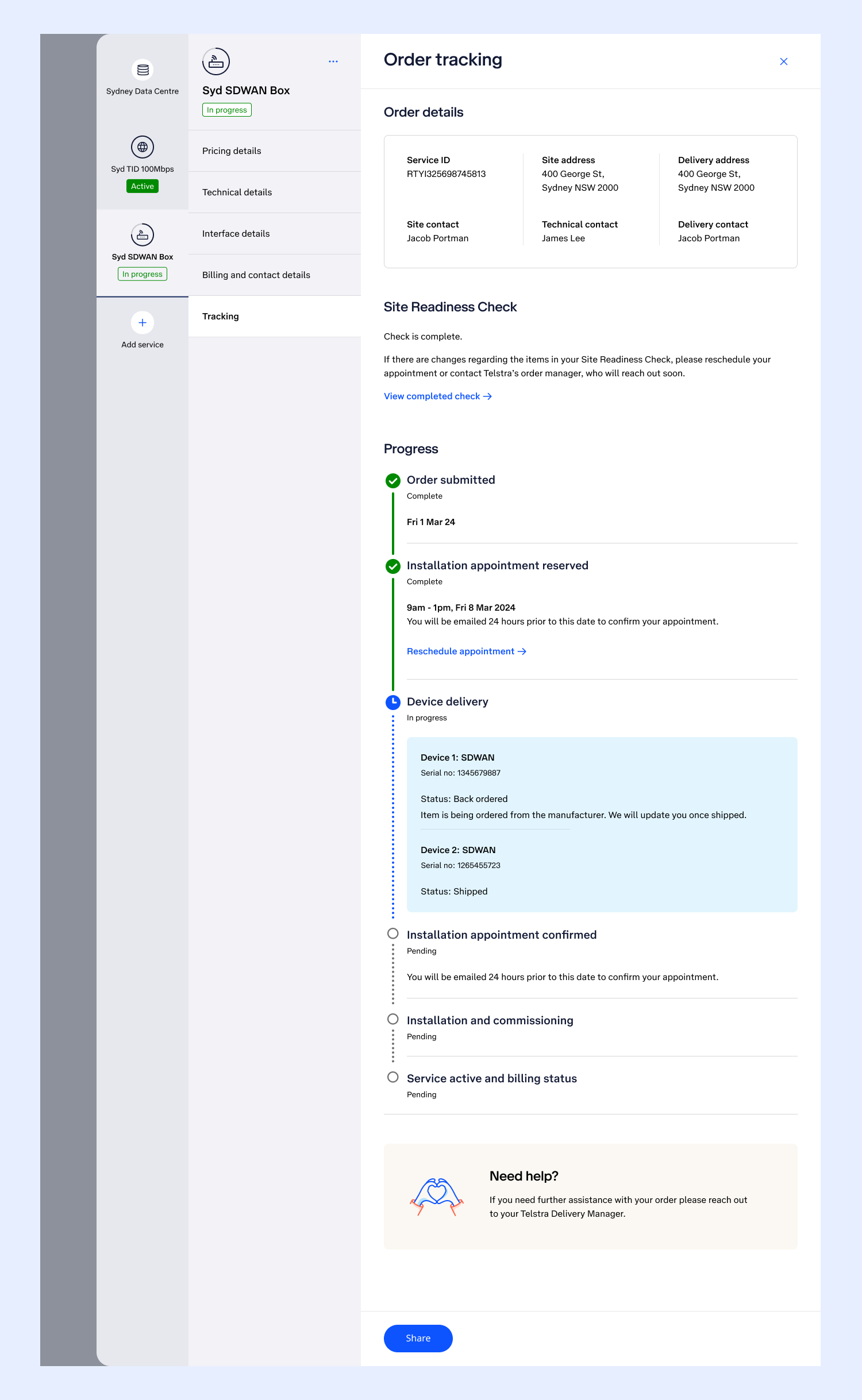 An image of the Order Tracker page that I designed, including the new tracker timeline components.