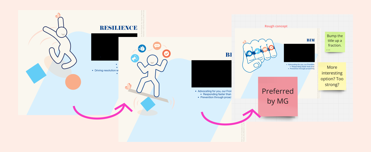 Three different versions of the one artboard showing an evolution in the illustration idea.