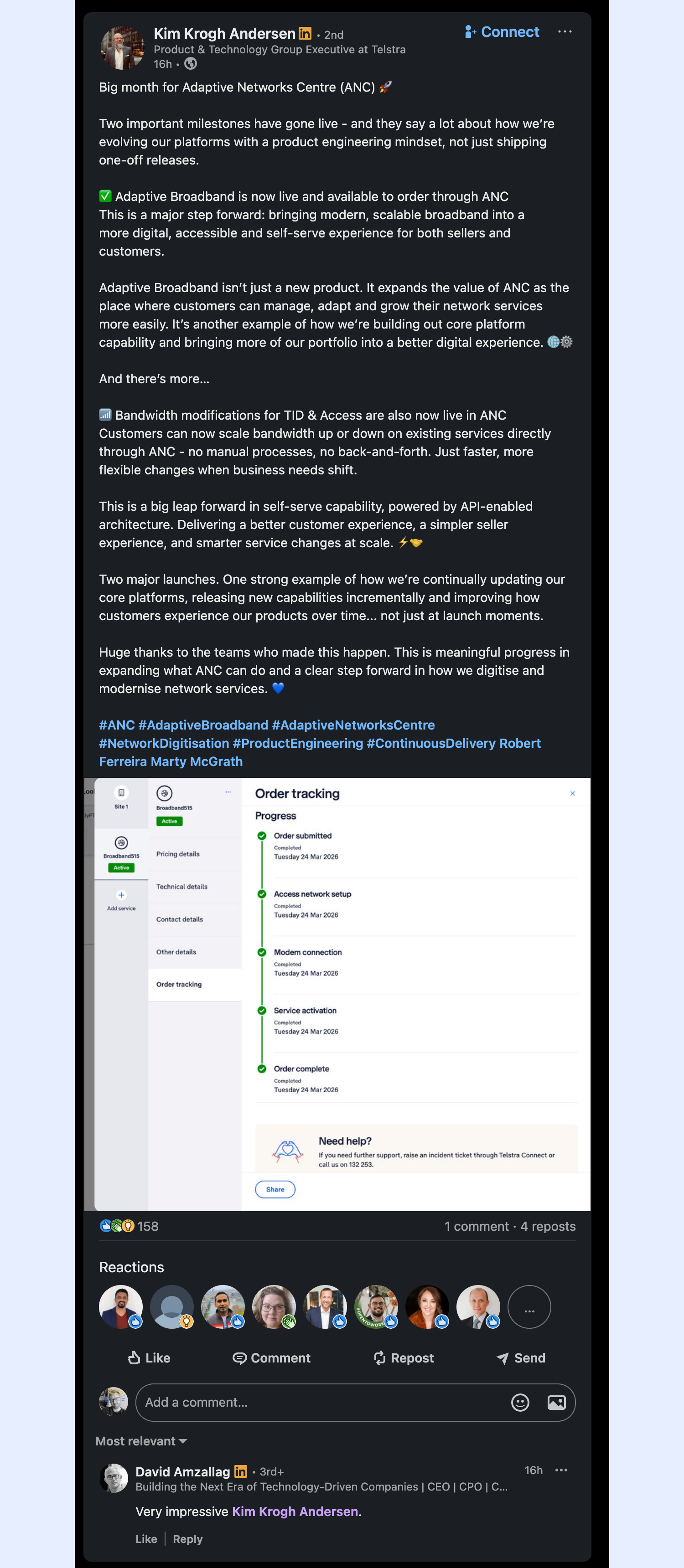 A screenshot from a LinkedIn post by a Telstra Executive announcing the launch of Adaptive Broadband in ANC with an image of the order tracker page that I designed.