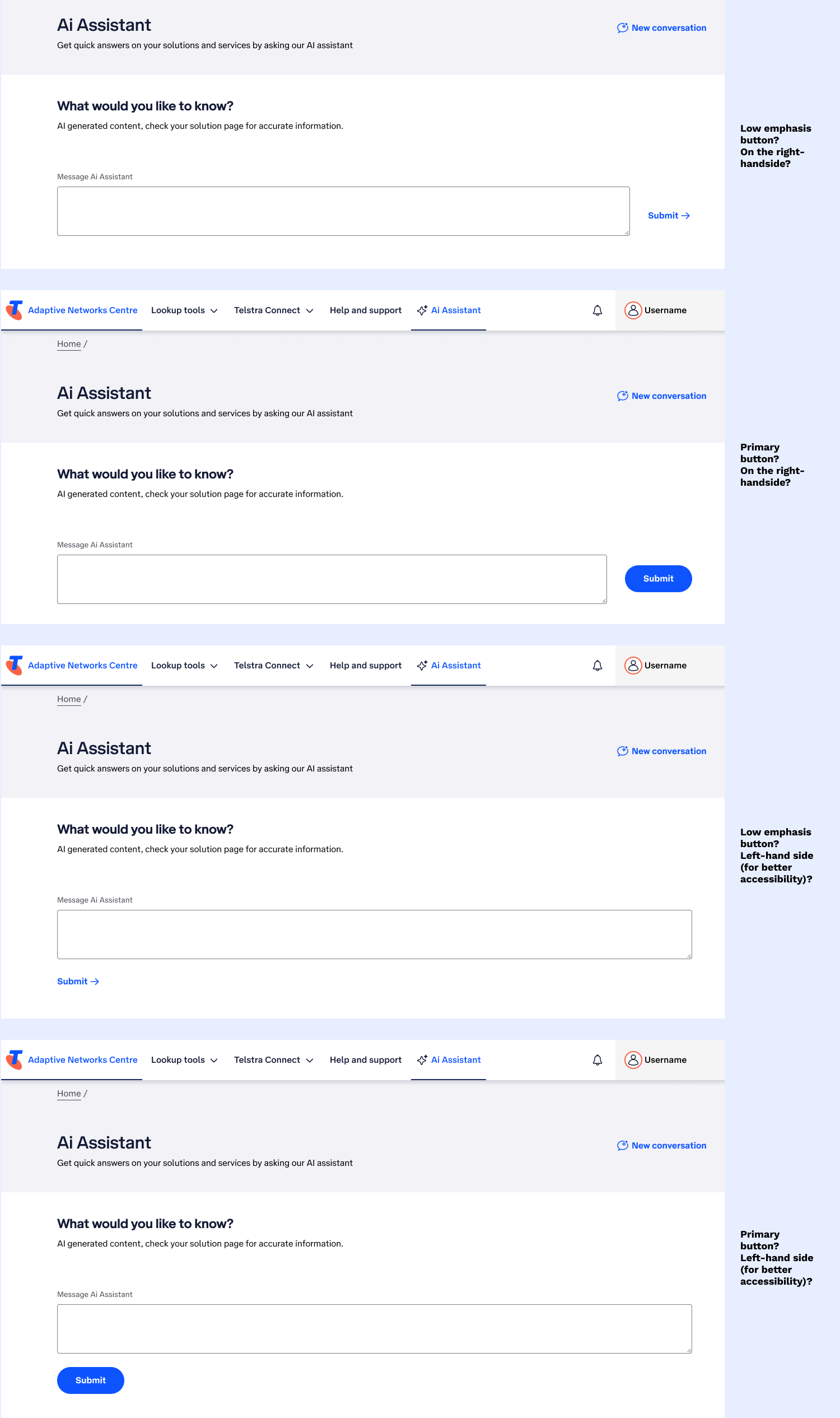 Examples of my UI exploration showing variations of possible button placements.
