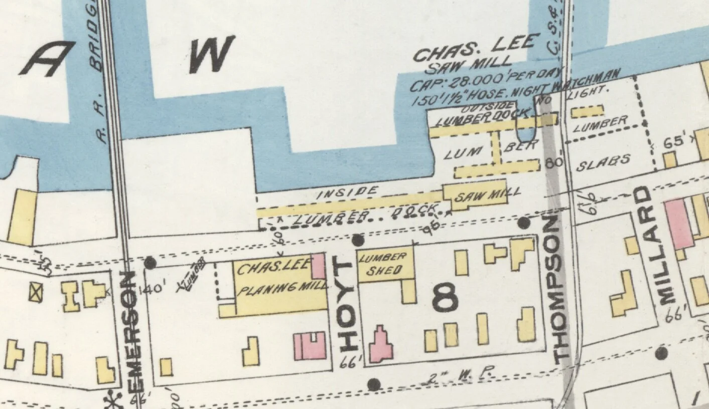 An 1895 view of the lumber operations of Charles Lee. His home can be seen in red on the bottom-left corner of Hoyt and Washington.