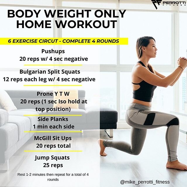 There is no excuse not to workout during these crazy times. You don't need any equipment to get a great workout in. ⠀⠀⠀⠀⠀⠀⠀⠀⠀
Here's a simple bodyweight only workout that you can do anytime and anywhere.
⠀⠀⠀⠀⠀⠀⠀⠀⠀
I would suggest doing this everyday 