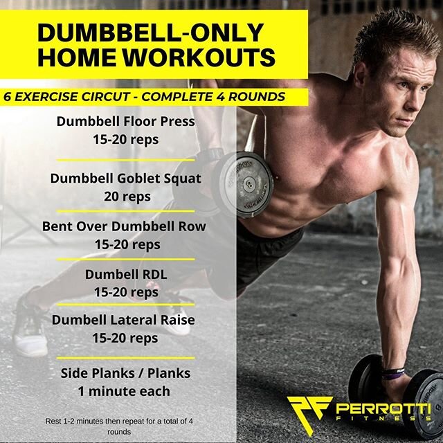 Here's a quick dumbbell only workout you can do from the comfort of your own home.
⠀⠀⠀⠀⠀⠀⠀⠀⠀
Hopefully some of you guys are lucky enough to have access to a few sets of dumbbells. If your limited on dumbbells and only have dumbbells that are very lig