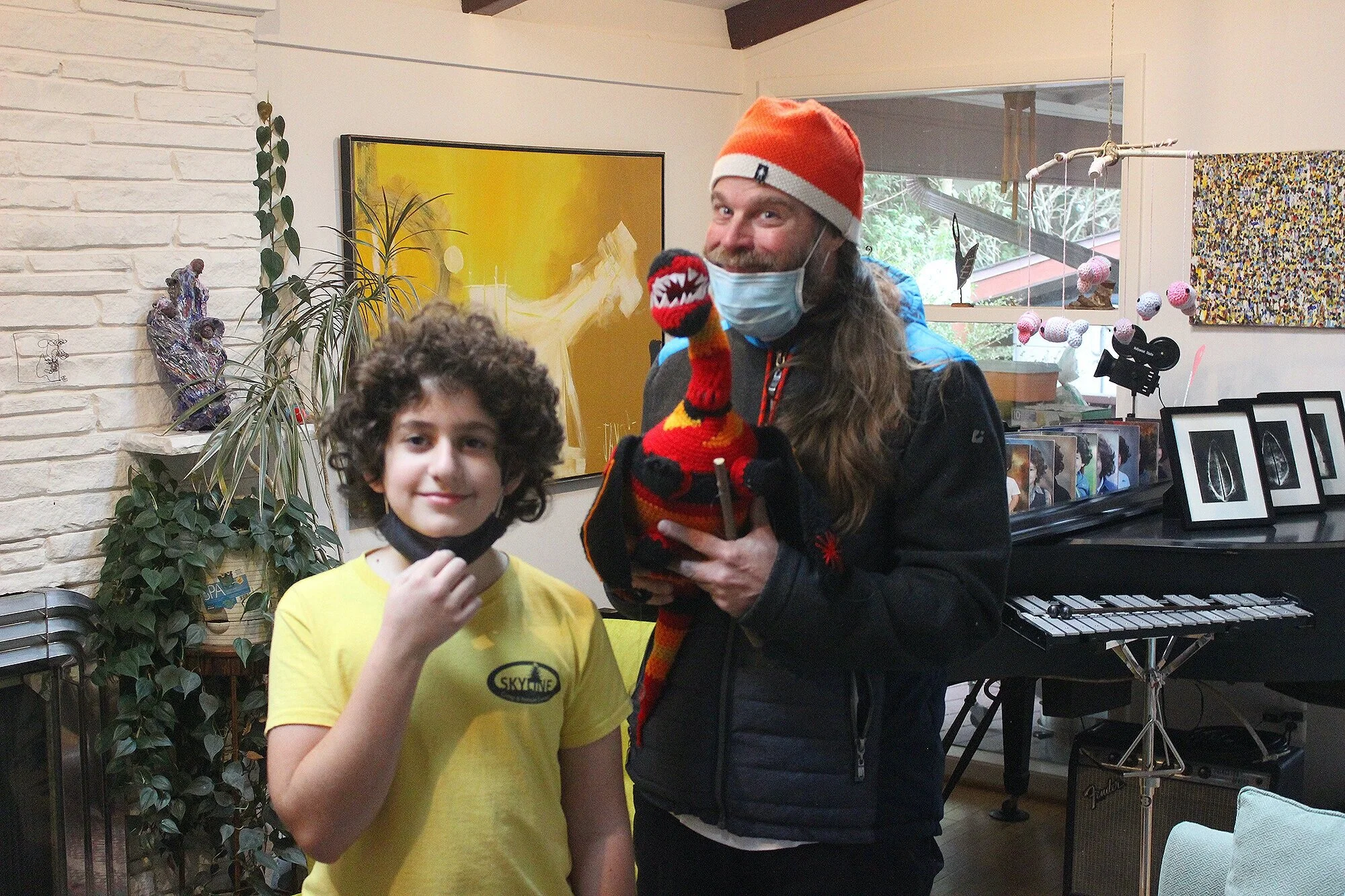 From left: Gustav, the creator; Dragon, the cuddly; Lance, the happy customer. (Editor’s disclaimer: Masks were off just long enough to snap this photo)