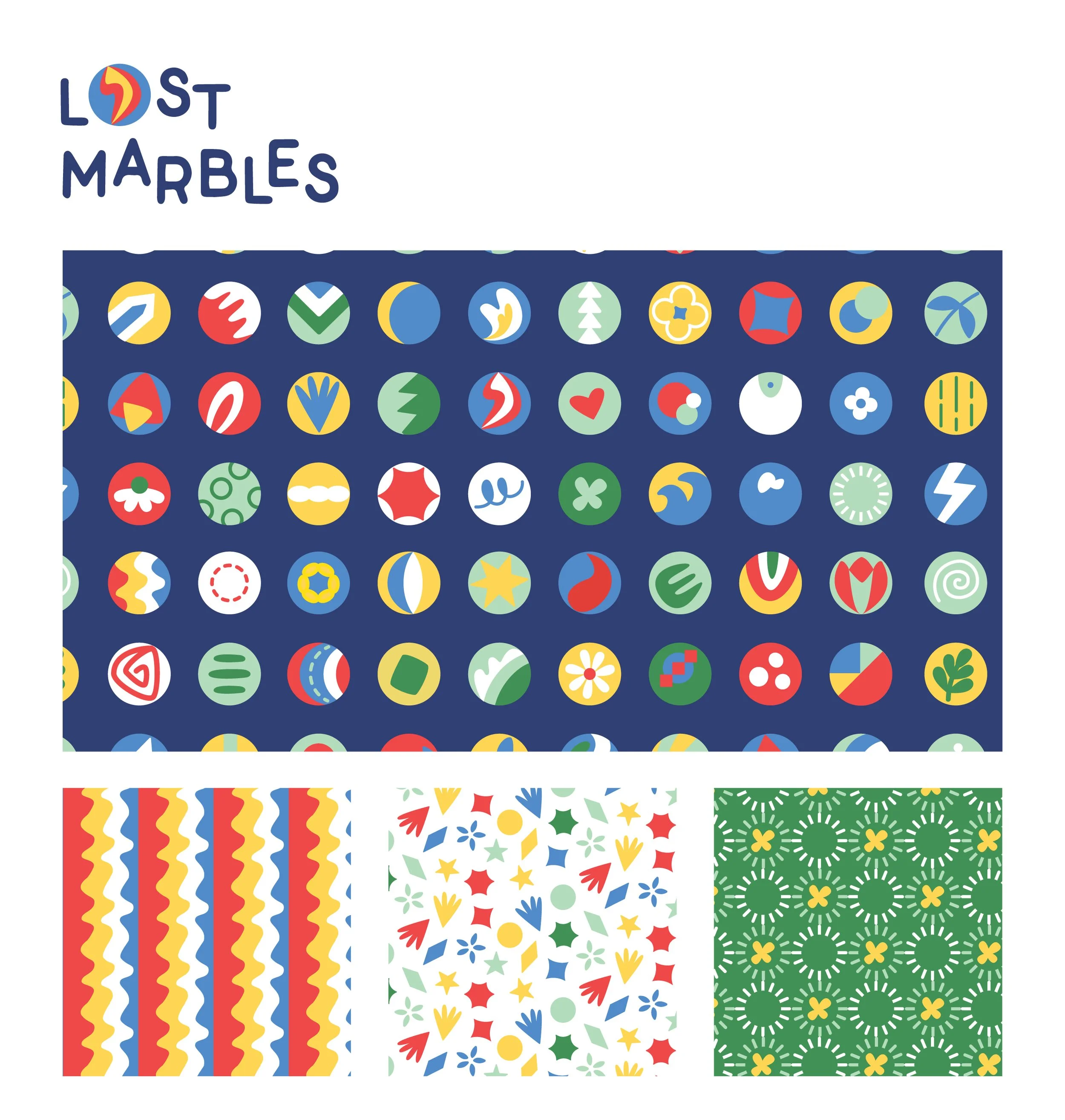  A jar of marbles was the inspiration for this collection. I chose a color scheme from the most common marbles and then wandered into illustrations of how that might translate into a group of prints. 