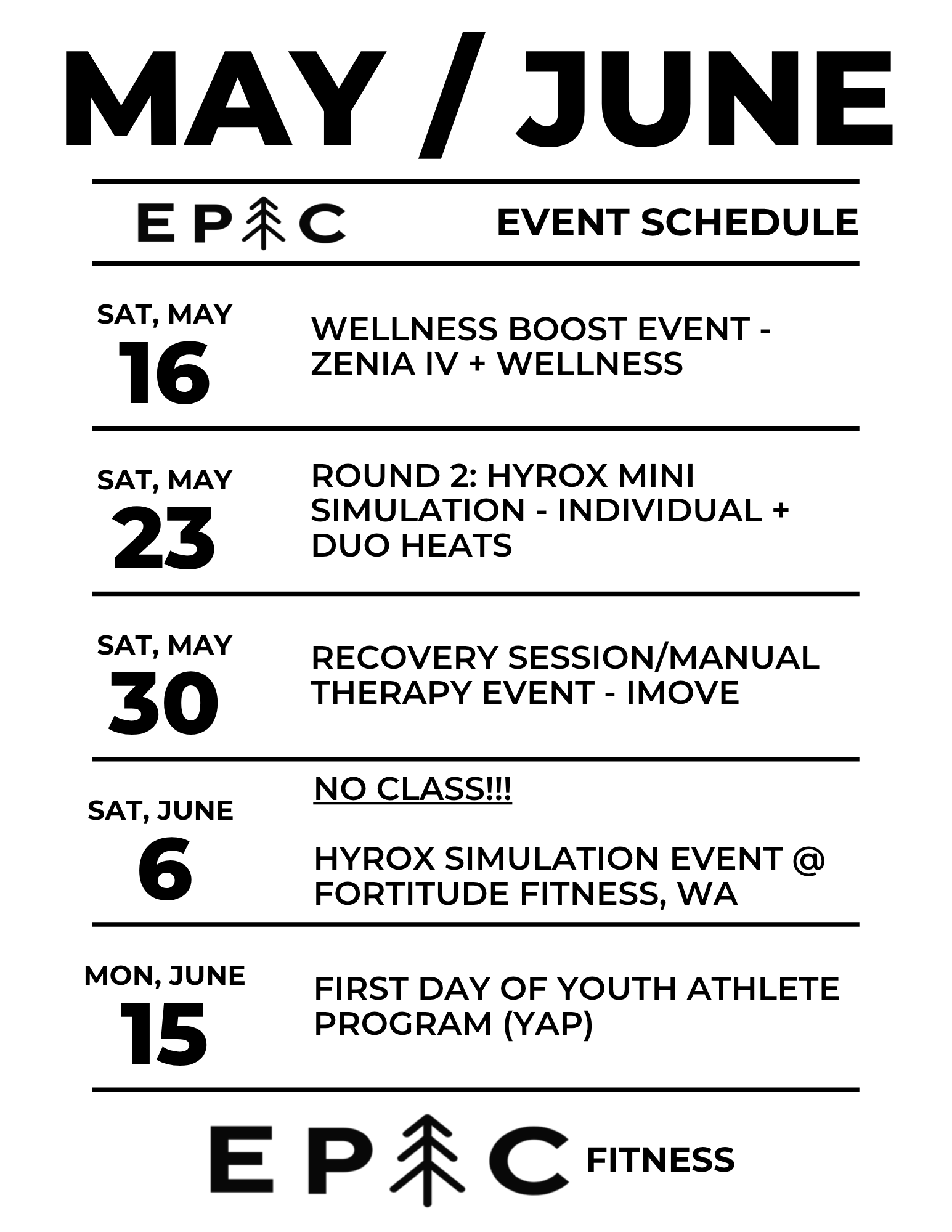 Event schedule for EPIC Fitness in Fortitude, Washington, featuring fitness and wellness events from May 16 to June 15, 2023, including wellness boost, hyrox mini simulation, recovery session, and a youth athlete program kickoff.