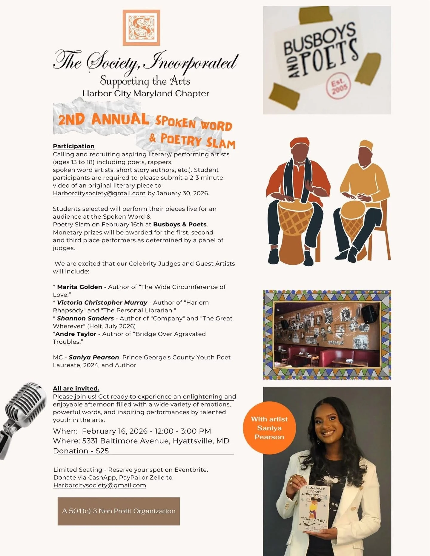 Join The Society Incorporated for the Second Annual Spoken Word &amp; Poetry Slam&mdash;presented by The Society, Inc. Supporting the Arts &ndash; Harbor City (MD Chapter).

🗓 Monday, Feb 16, 2026 | 12&ndash;3 PM 
📍 Busboys &amp; Poets &ndash; 5331