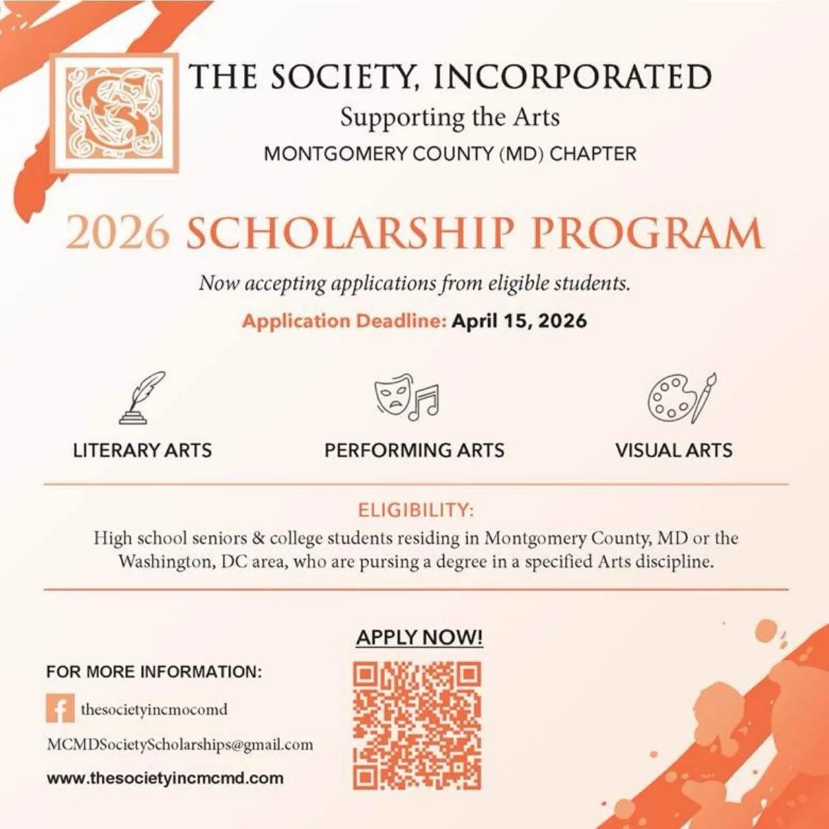 Scholarship Opportunity Announcement!

The Montgomery County, MD chapter of The Society Incorporated Supporting the Arts is excited to announce that it is accepting applications for its 2026 Scholarship Program!

Deadline to Apply: April 15, 2026

If