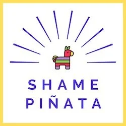 Shame Piñata Podcast logo featuring a donkey pinata and purple sparks