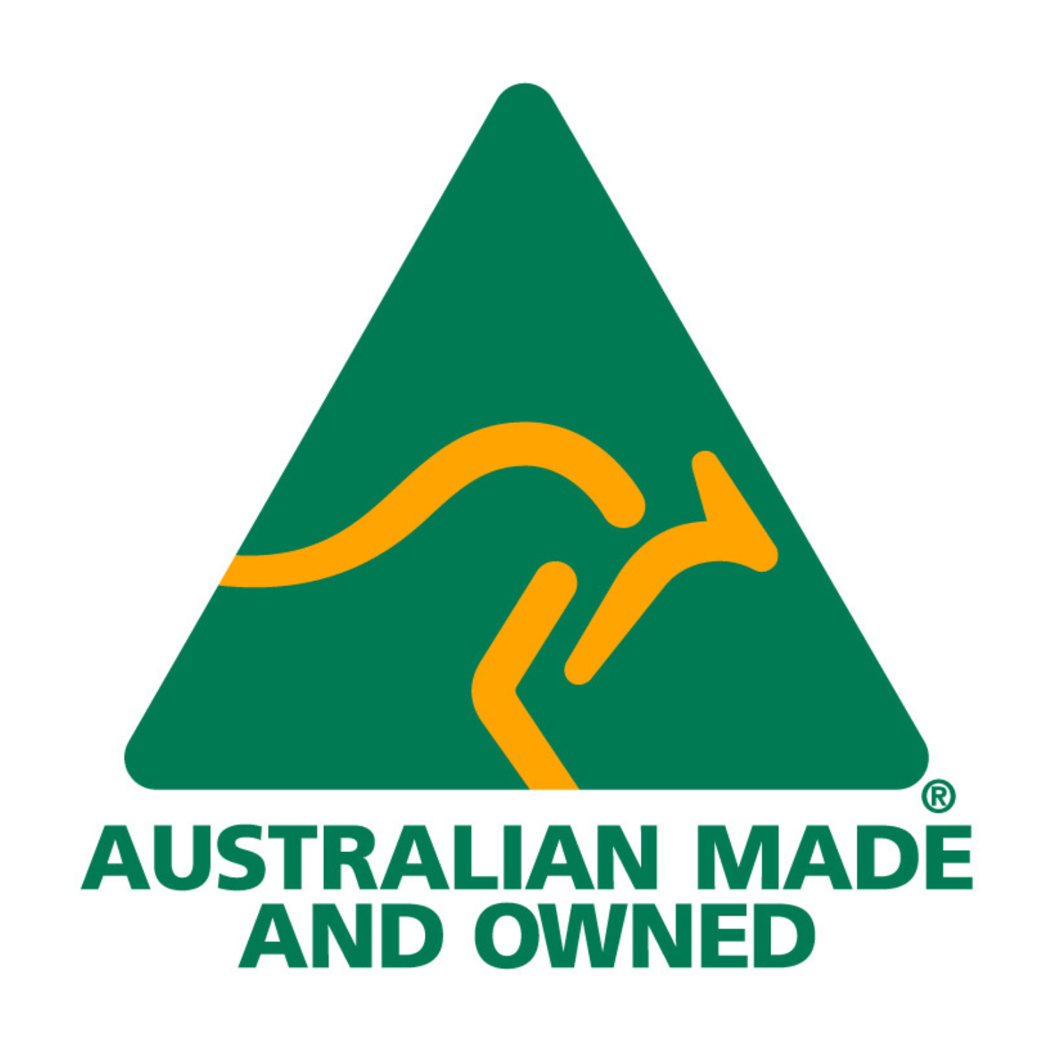 The official green and gold triangular Australian Made and Owned logo badge, representing Telopia Skincare's core value of handcrafted, small-batch local production on the About Us page.