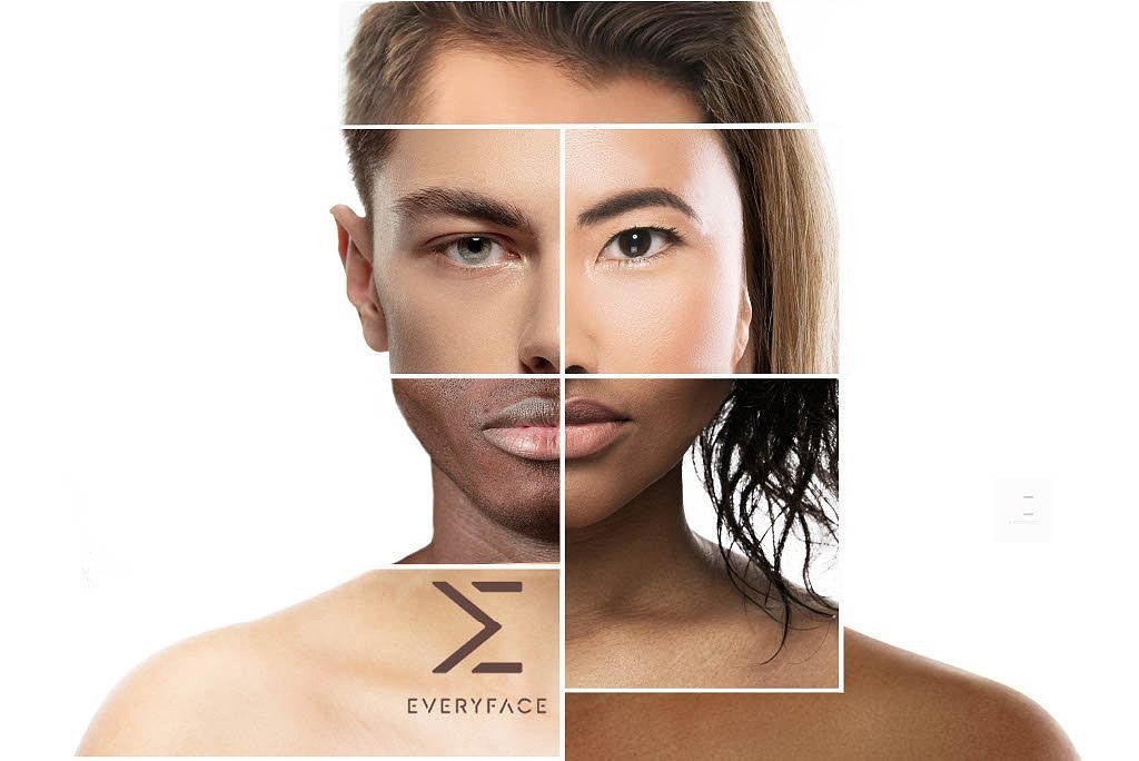 A grid photo collage combining different segments of diverse faces to represent the Telopia Skincare EveryFace concept.  The image emphasises inclusive, universal skin wellness for all genders and skin types, featuring the EveryFace logo in corner.