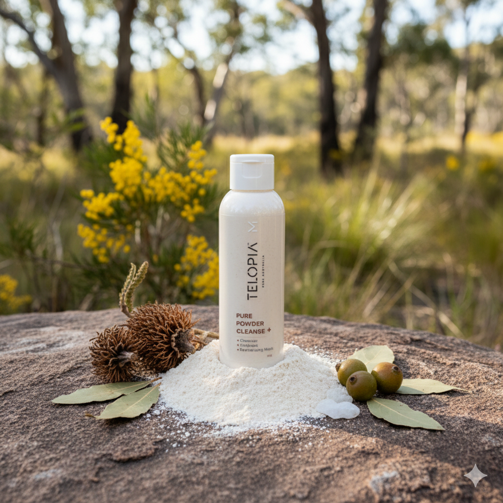 Telopia Skincare's Pure Powder Cleanse+ in an Australian bush scene