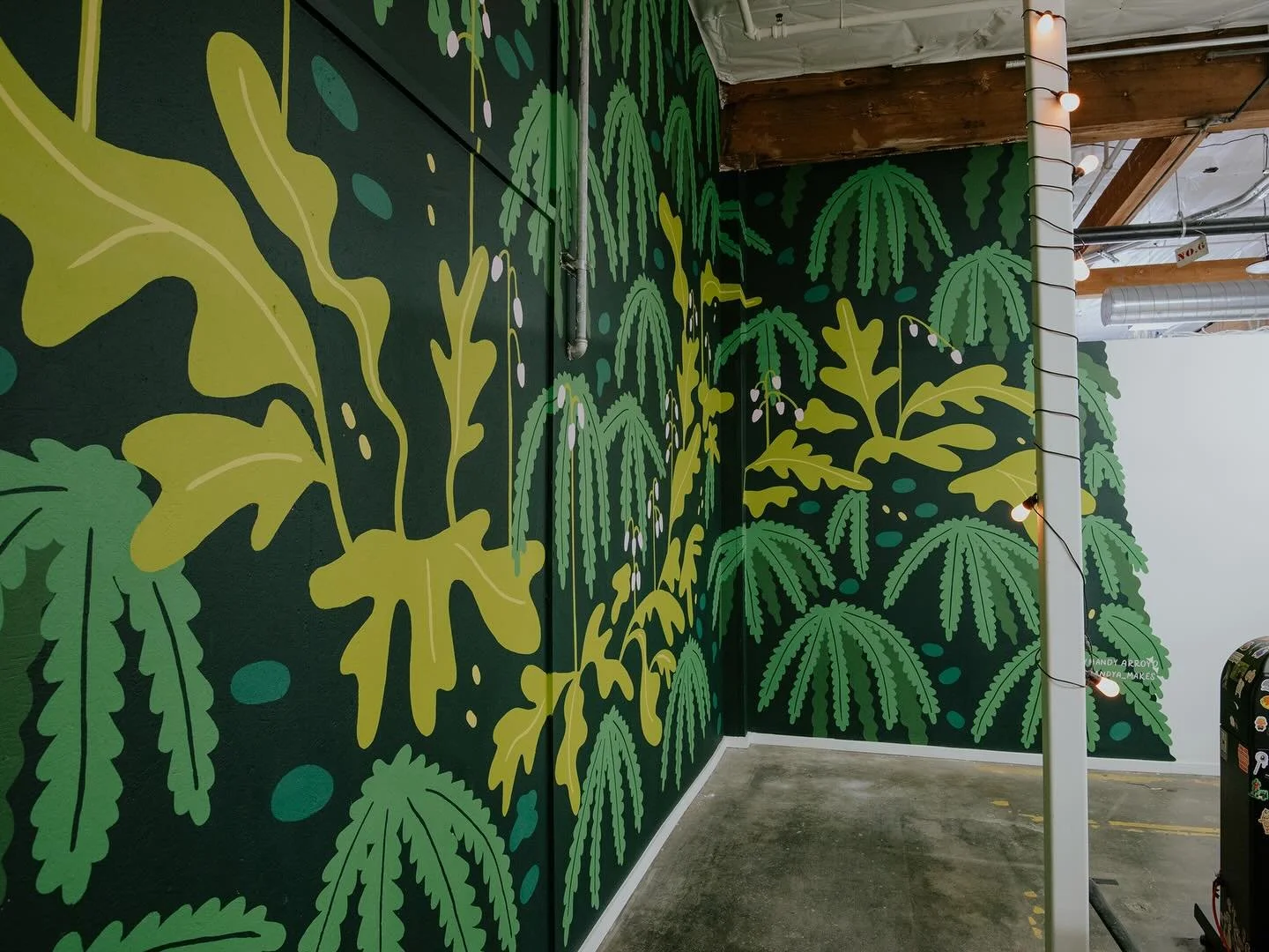 install photos of the fern wall mural over at @stickerninja turned out dreamy! thanks so much for bringing me in to paint these great big leafy friends!! @stickerninja_hq is such a delightful art-space and I&rsquo;m honored to leave my work here 💚


