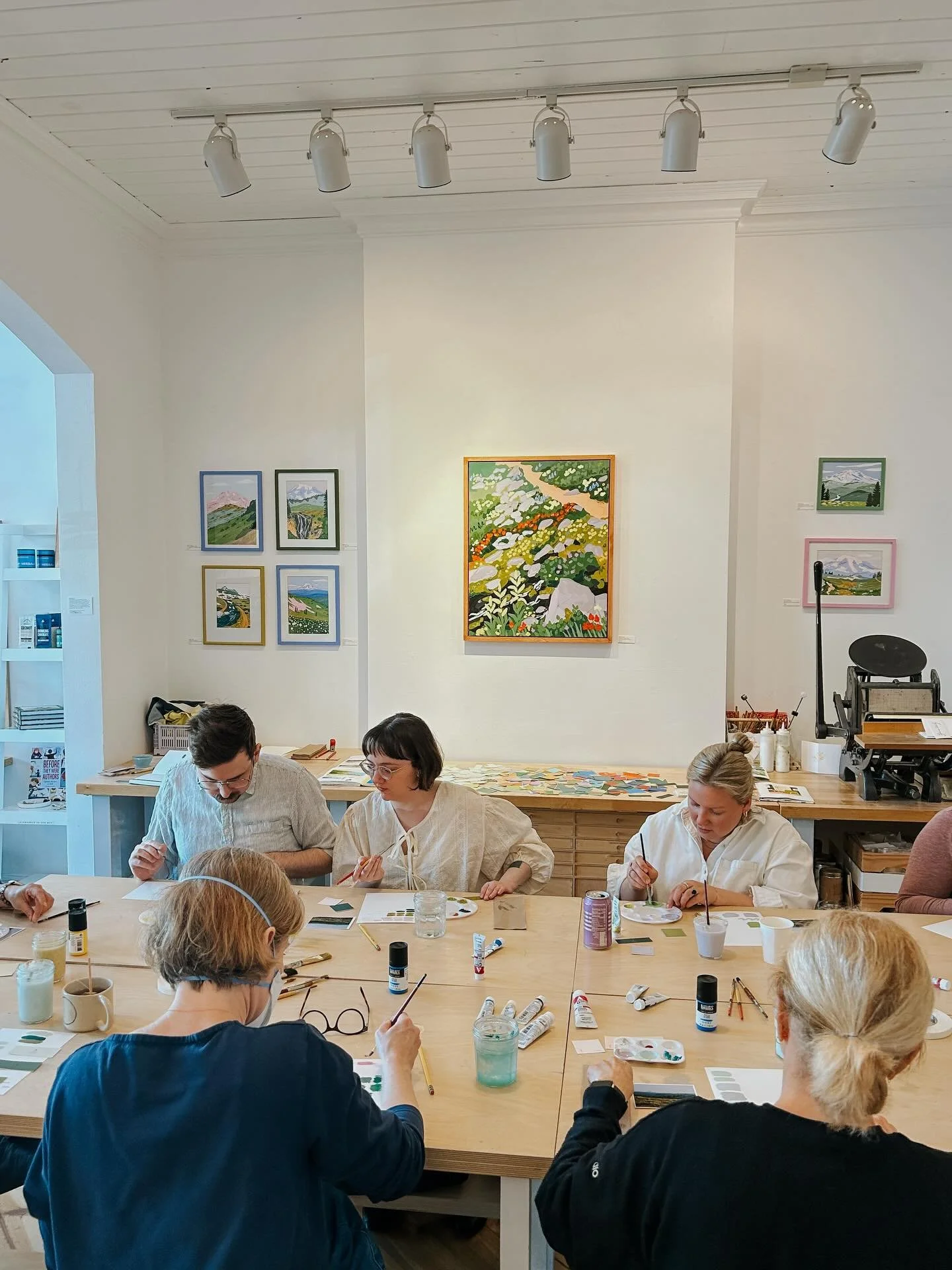 I got to teach my gouache landscape painting workshop at @makerspacesellwood this weekend while my show is up in their space! Feeling moved by the words posted on their wall - &ldquo;tending to collective grief with creativity and presence&rdquo; ❤️
