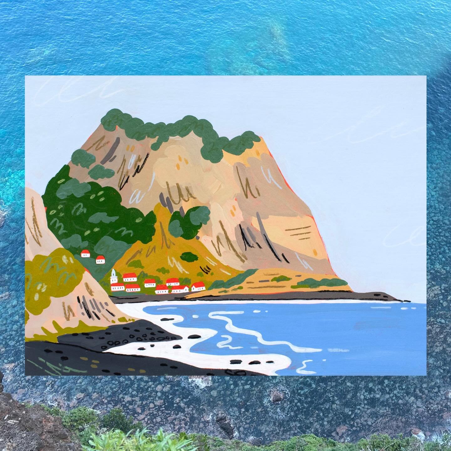 &ldquo;Where mountain meets the sea&rdquo; - one of my faves in my new collection! Those cutie little buildings and the texture on the hillside just get me!! Gouache &amp; pastel on paper, mounted on wood panel. Come see it &amp; the rest of the coll