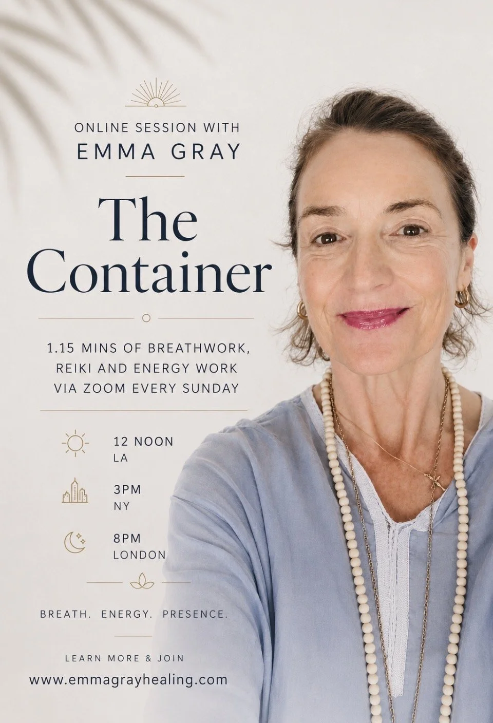 THE CONTAINER : BREATHWORK  + REIKI  + ENERGY WORK via zoom ONLINE every SUNDAY 12 noon PDT  (LA) 3 pm EST (NY’ers!)  8pm GMT (Brits)  SIGN up to get the LINK sent to you.