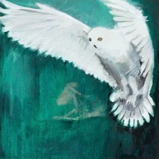 Painting of a white owl with wings spread, flying against a green background, with a faint horse figure in the background.