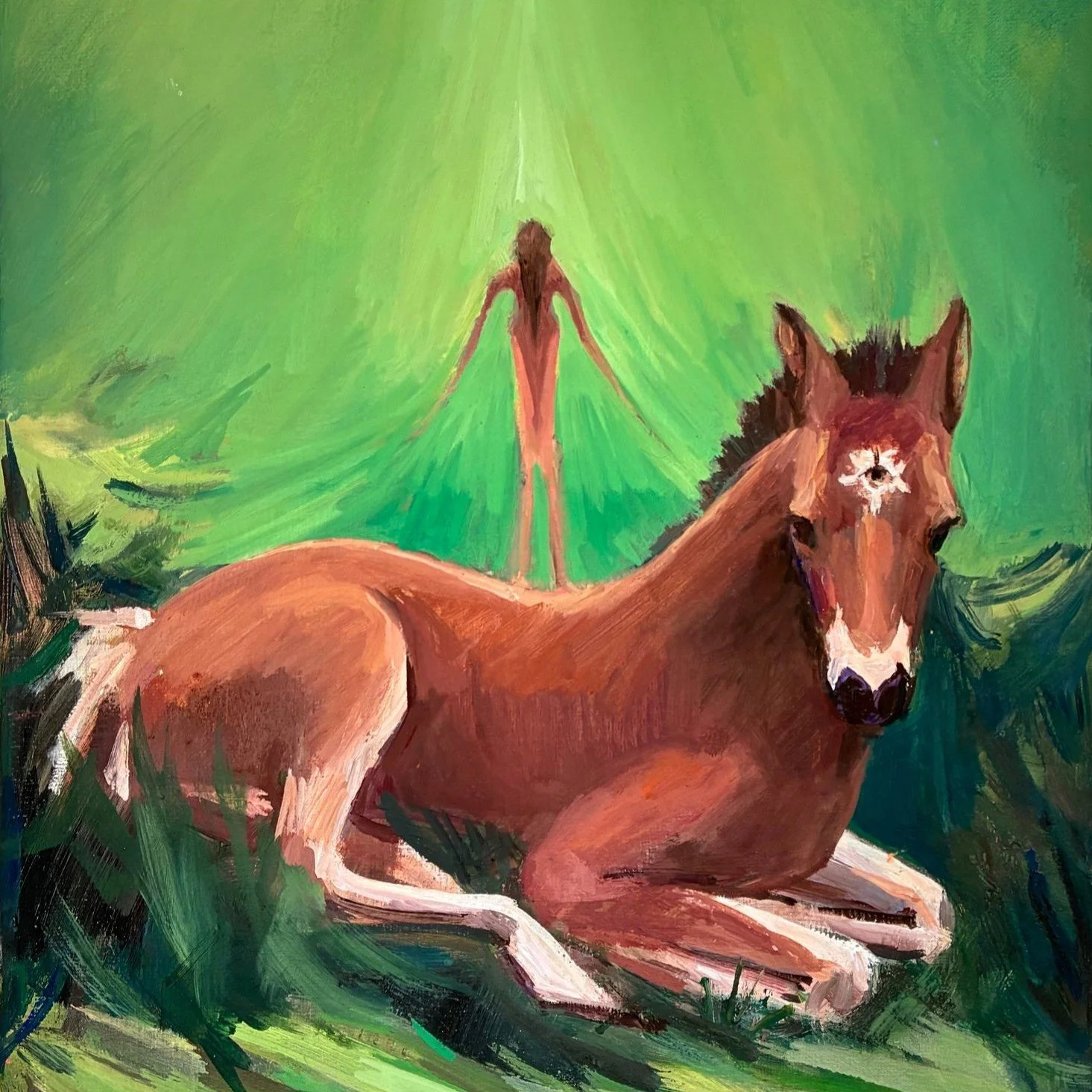 A surrealist painting depicting a lying brown horse with white markings on its face, a black mane, and a man standing behind it in a green, abstract background.