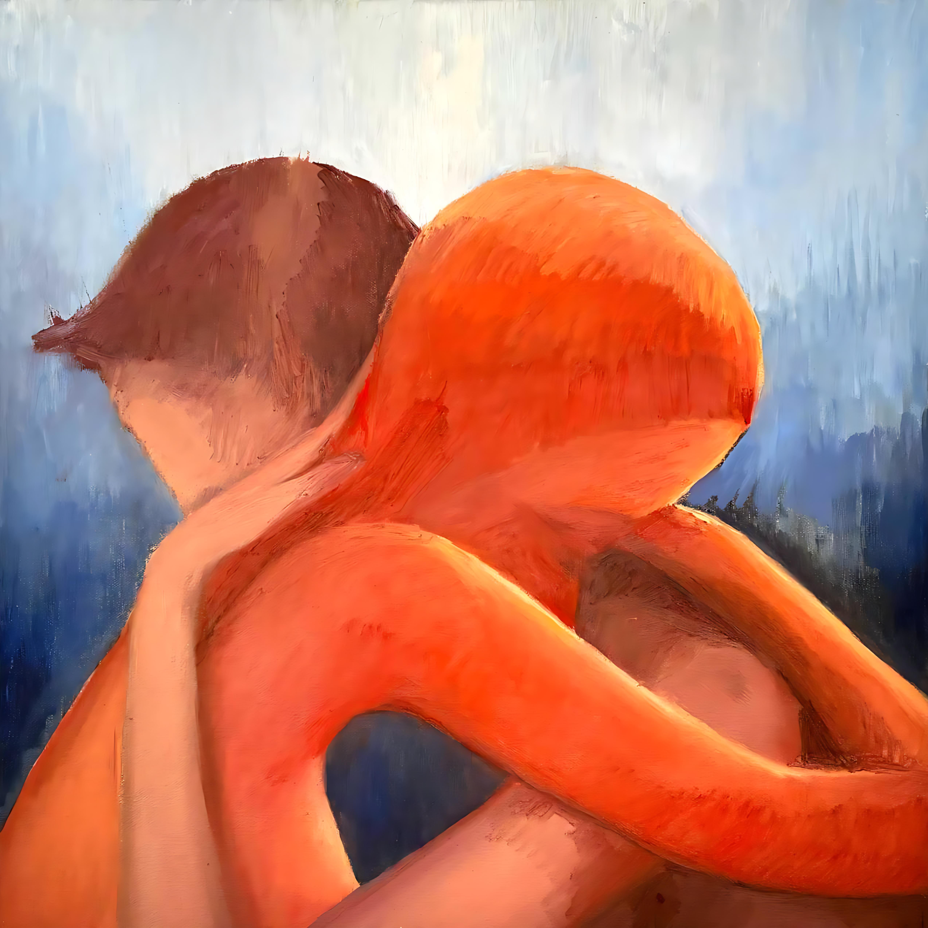 An abstract painting of two intertwined human figures, one with reddish skin and the other with brown hair, on a textured, multicolored background.