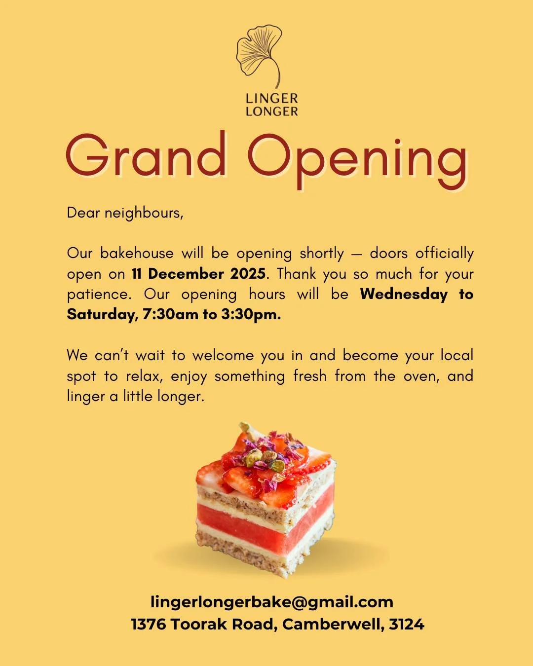 🎉🍰 The countdown begins! 🍰🎉
Our ovens are warming up and our hearts are full &mdash; Join us on Dec 11, 2025 as we officially open our bakery doors!

Come celebrate with us, grab something sweet, and be part of our bakery&rsquo;s very first day. 