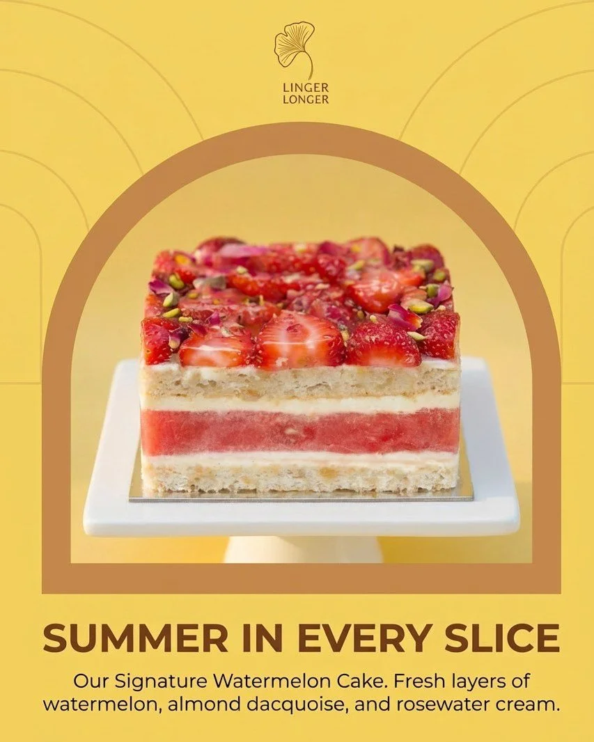🍉✨ Fresh. Floral. Absolutely irresistible. ✨🍉

Bursting with freshness, our signature Watermelon Cake is to die for.
Juicy layers of fresh watermelon, delicately sandwiched between white chocolate cream and almond &amp; hazelnut dacquoise, finished