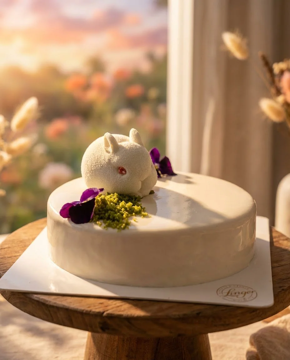 Some birthdays deserve a little poetry. 🐰✨

Our Bunny Birthday Cake is crafted with delicate layers of vanilla white chocolate mousse, a bright touch of passionfruit jelly, and soft chiffon sponge resting on a gentle matcha crumble.

Light, balanced