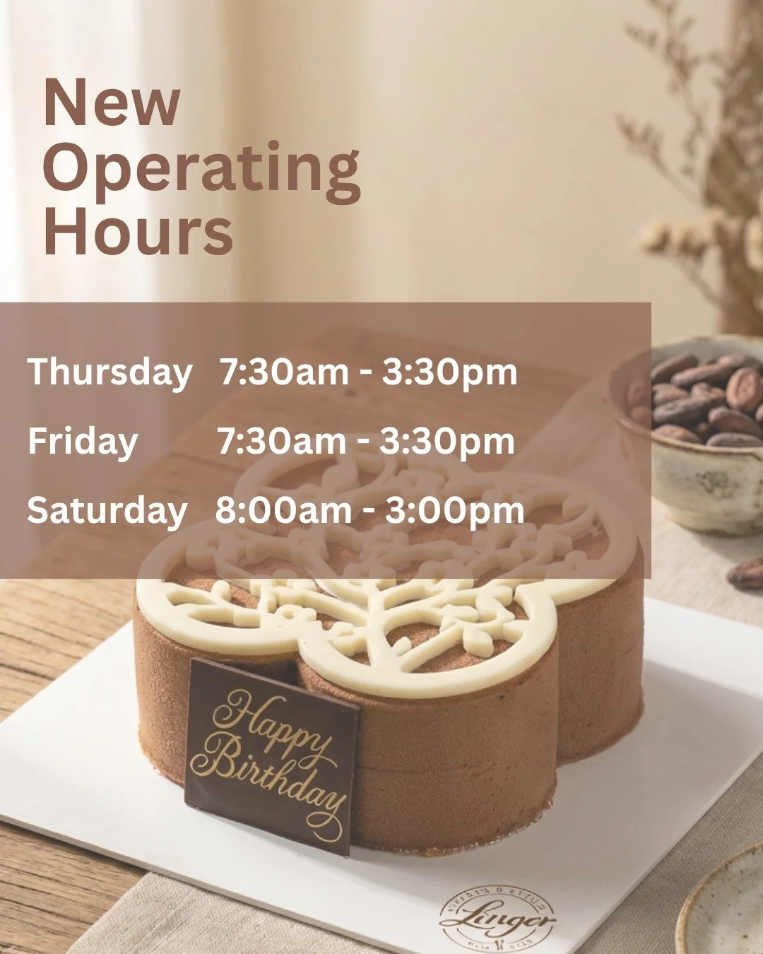 A Note on Trading Hours
As wholesale orders continue to grow and each pastry remains crafted by a small team of hands, Linger's trading hours have been gently refined &mdash; so the care every creation deserves can be preserved.

New Hours from week 