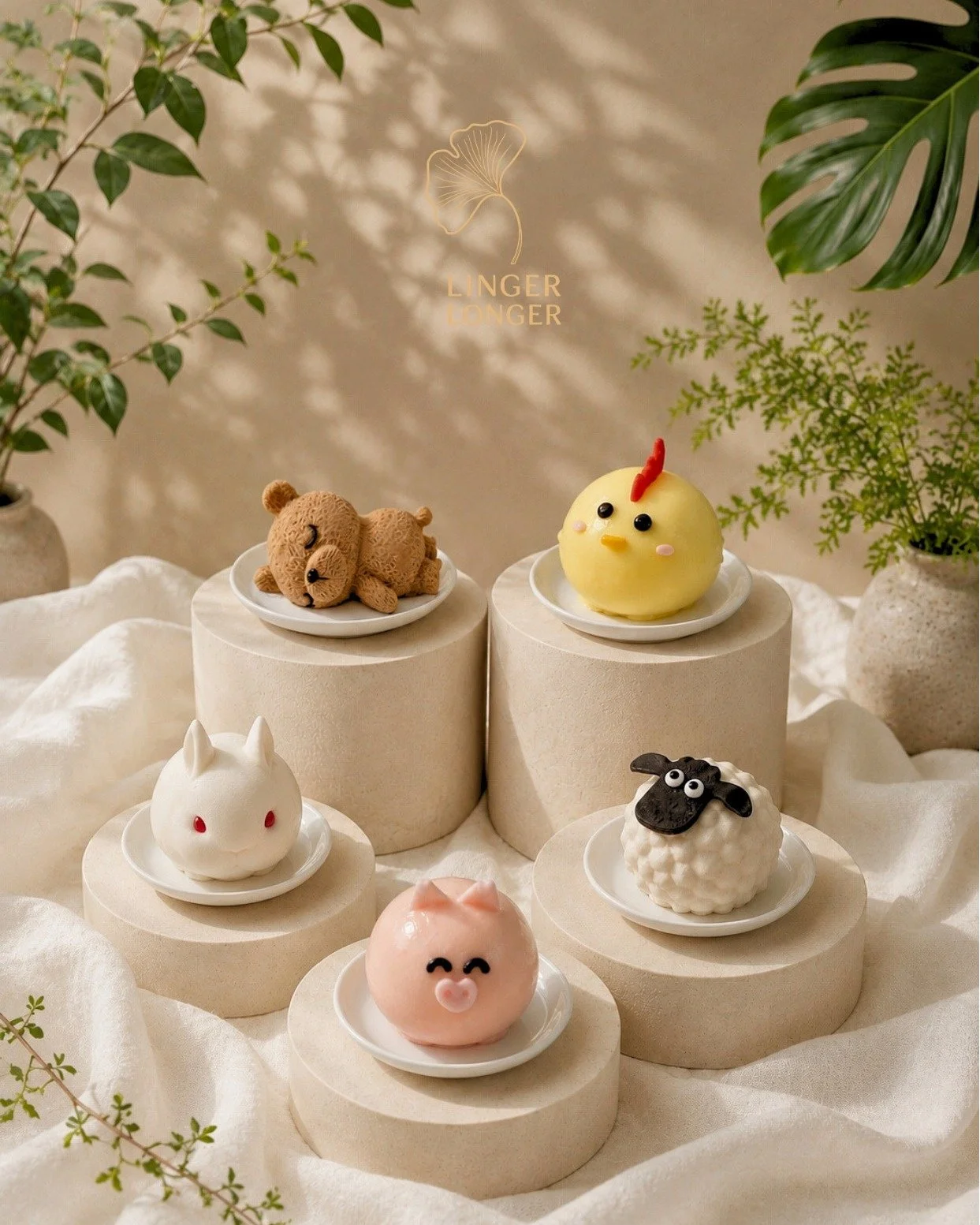 🐷🐰🐥🐑 Linger Animal Family
A little menagerie of mousse cakes &mdash; almost too cute to slice.

&mdash;&mdash; Meet the Family&mdash;&mdash;

🐷 Piggy
Citrus mousse &middot; mandarin jelly &middot; chocolate feuilletine &middot; chocolate sponge
