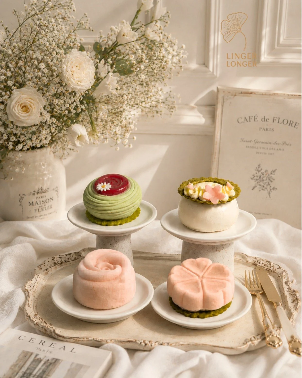 🌿 The Petit Mousse Collection &middot; A Quiet Bloom of Spring

Matcha Spring&mdash; matcha mousse, strawberry jelly, matcha biscuit crumble.
Earthy, verdant, with a bright berry lift.

Pi&ntilde;a Colada &mdash; coconut mousse, pineapple compote, v