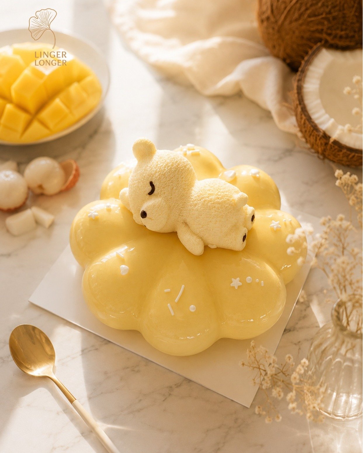A little tropical dream, asleep on your table.
 
 Sleepy Bear &mdash; mango mousse, lychee jelly, vanilla sponge, coconut dacquoise.
 A 4-inch bear, dozing on a 7-inch cloud. Serves 6&ndash;8. Made for slow Sunday birthdays.
 
 Bonjour, sweetness.
 

