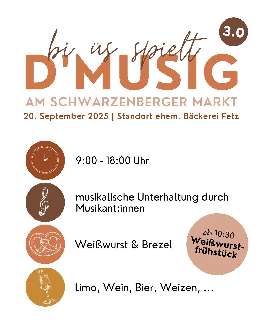 MUSIG GOES MARKTSTAND 3.0

Kommenden Samstag begr&uuml;&szlig;en wir euch mit Getr&auml;nken, offenem Weizen &amp; Wei&szlig;wurst beim Schwarzenberger Markt!🙌🏼

Nachdem wir letztes Jahr wetterbedingt ins Probelokal ausweichen mussten, sind wir zuv