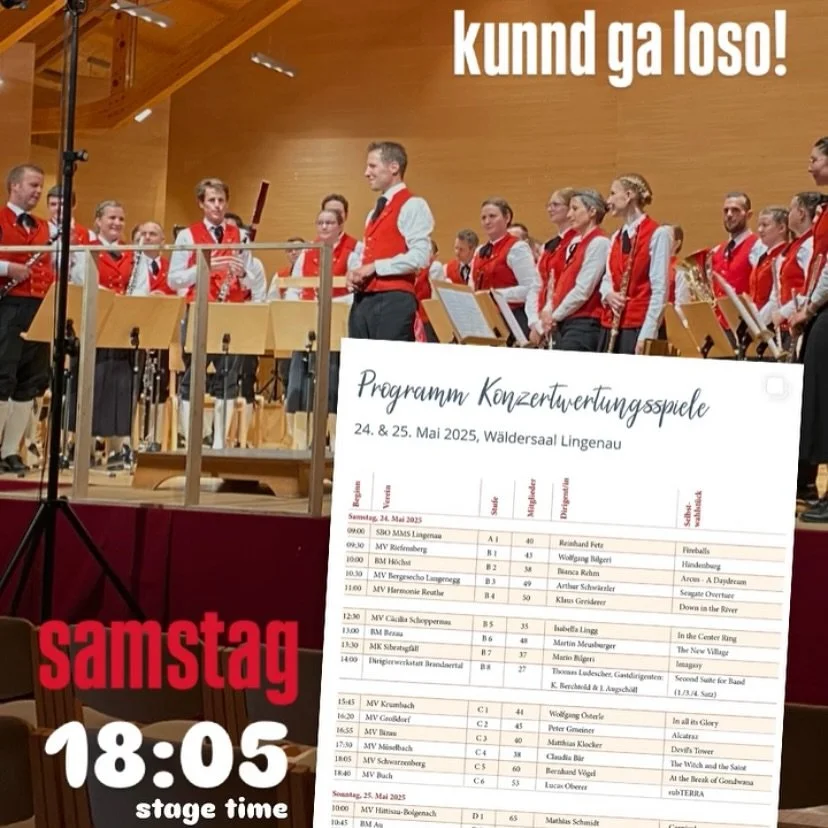 BEZIRKSWERTUNGSSPIELE 2025

Am kommenden Samstag, den 24. Mai 2025, nehmen wir an den Konzertwertungsspielen Bregenzerwald in Lingenau teil. Unser Auftritt: um 18:05 Uhr im W&auml;ldersaal!

Um 20:15 Uhr gibt es dann die Preisverleihung und Unterhal