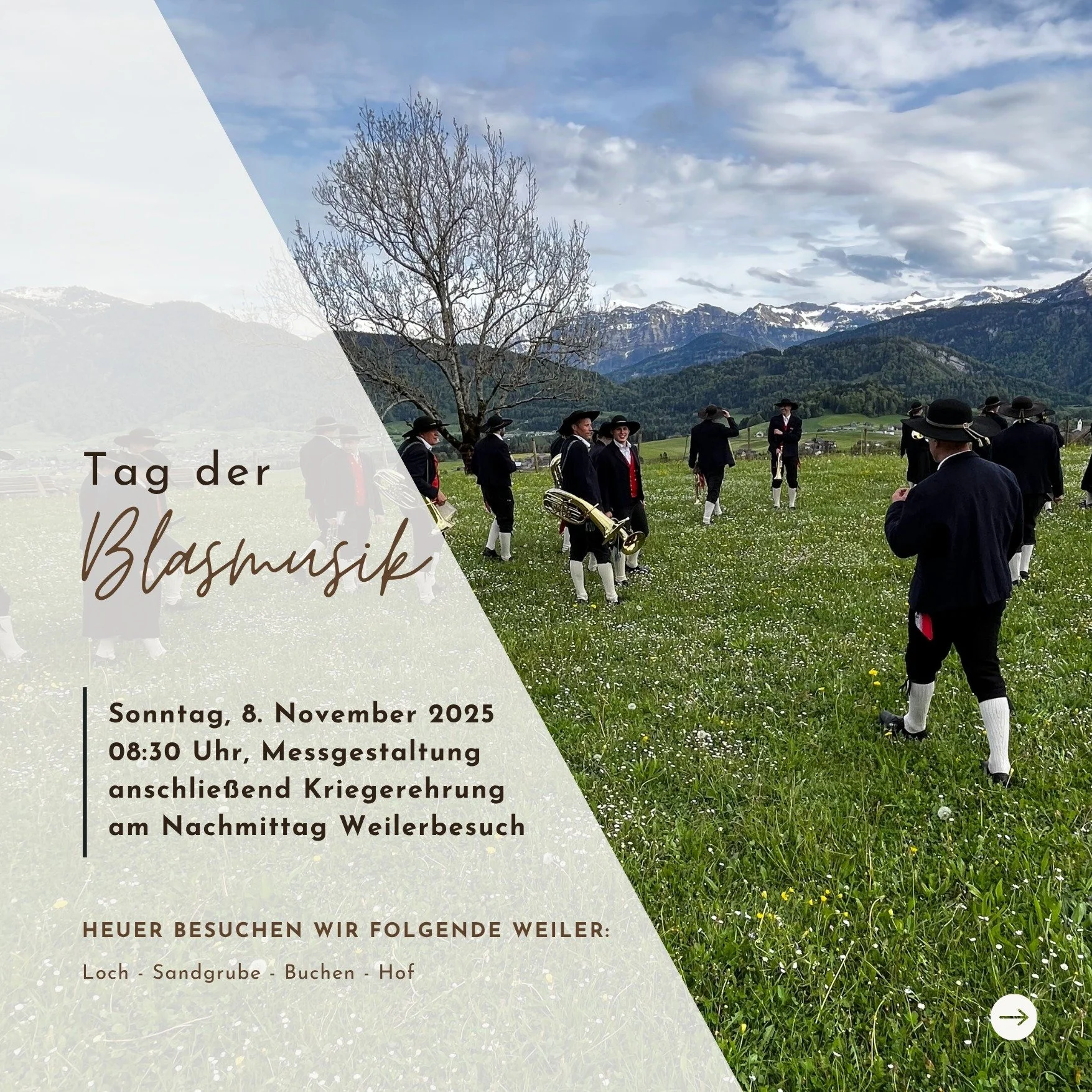 TAG DER BLASMUSIK &amp; KRIEGERSONNTAG 2025

Unser j&auml;hrlicher Tag der Blasmusik steht an! Heuer in Kombination mit dem Kriegersonntag.🎶

Morgen Sonntag um 8:30 Uhr Messgestaltung mit anschlie&szlig;ender Kriegerehrung beim Kriegerdenkmal, ab 13