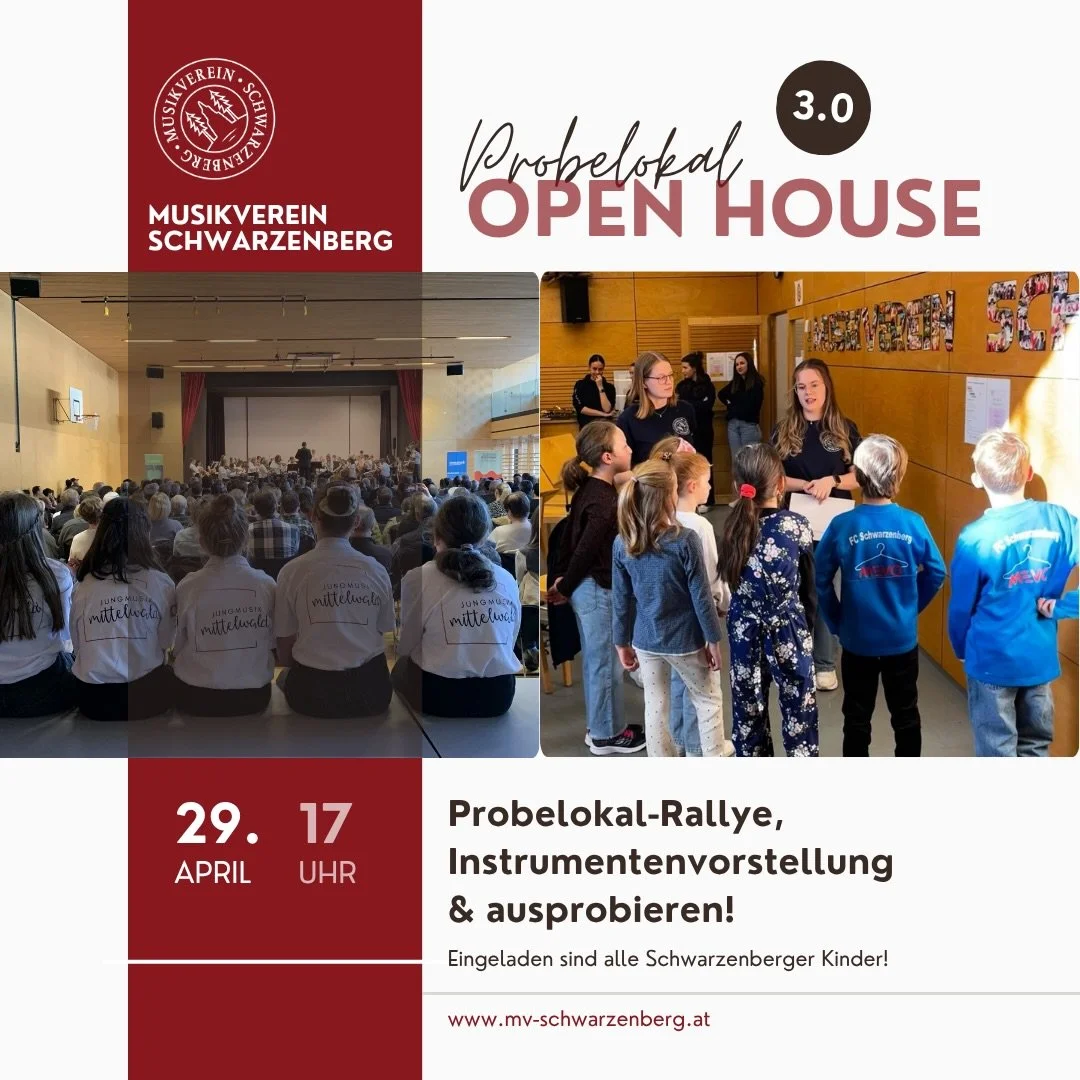 PROBELOKAL OPEN HOUSE

Am Dienstag, den 29. April &ouml;ffnen wir ab 17:00 Uhr die T&uuml;ren unseres Probelokals &ndash; alle Schwarzenberger Kinder sind herzlich eingeladen! 🎶🙌🏼 

Es gibt eine kleine Probelokal-Rallye, au&szlig;erdem eine Instru