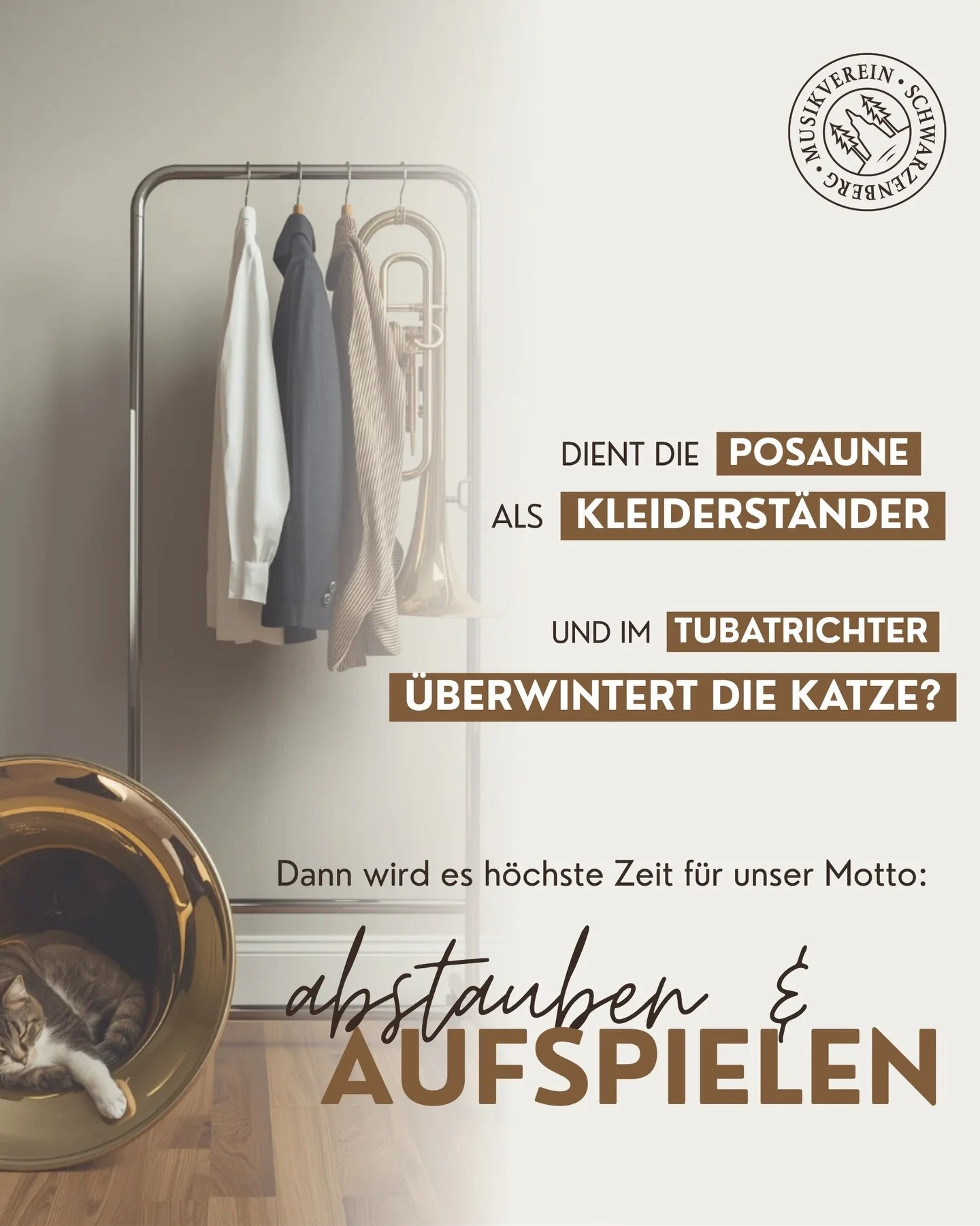 OFFENE PROBE!

Posaune als Kleiderst&auml;nder? Katze im Tubatrichter? 🐱🎺

Dann wird&rsquo;s Zeit f&uuml;r Abstauben &amp; Aufspielen!

Wir laden alle ehemaligen, pausierenden und neugierigen Musikant:innen zur offenen Probe am Freitag, den 22. Mai
