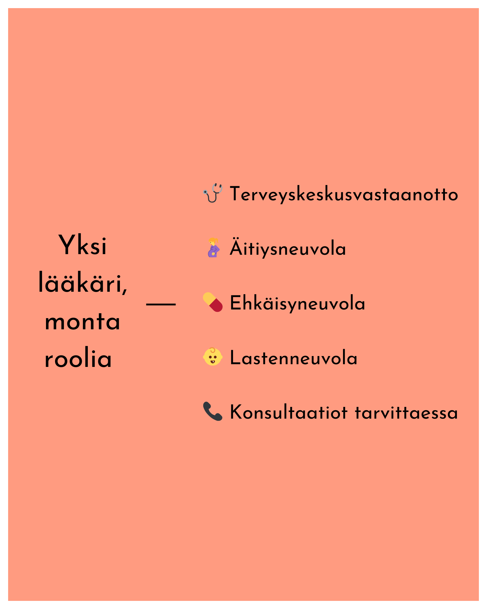 Kuvassa avataan kuinka monta erilaista roolia lääkärillä voi olla Kauhavassa. Lääkäri tekee terveyskeskusvastaanottoa, äitiysneuvolaa, ehkäisyneuvolaa, lastenneuvolaa ja konsultaatioita.