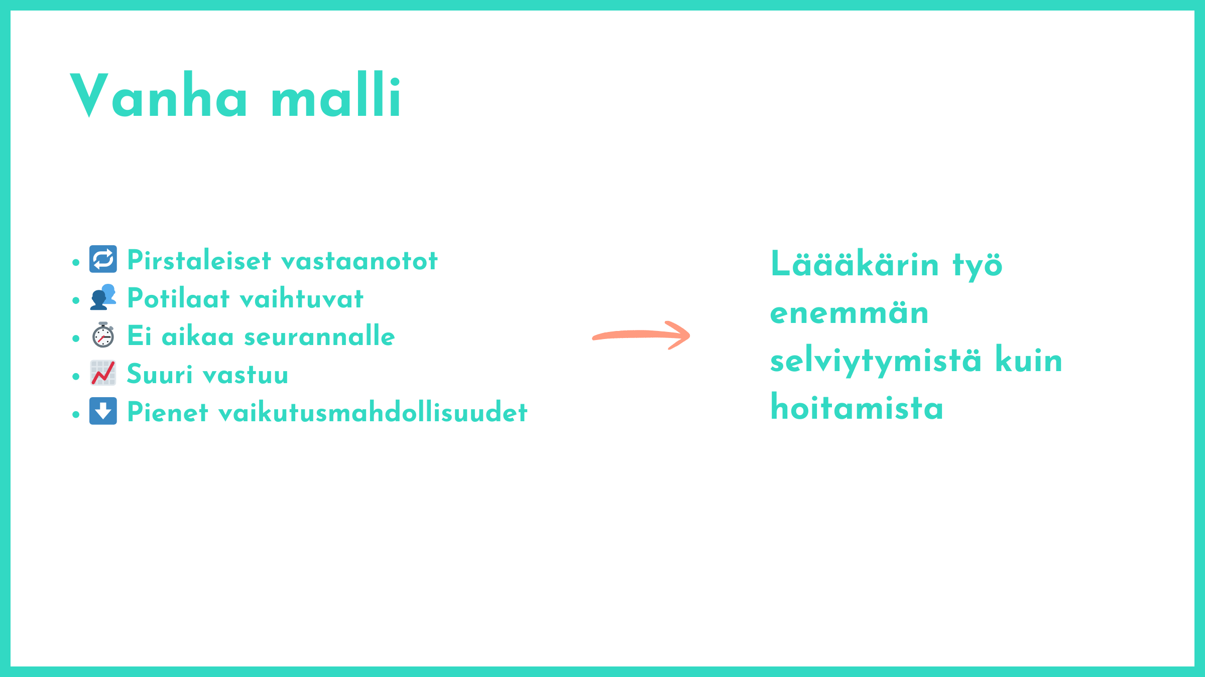 Kuvassa käydään läpi syitä, miksi lääkärin työ on enemmän selviytymistä kuin hoitamista. Vanha malli on tarkoittanut pirstaleisia vastaanottoja, vaihtuvia potilaita, ei aikaa seurannalla, suurta vastuuta ja pieniä vaikutusmahdollisuuksia.